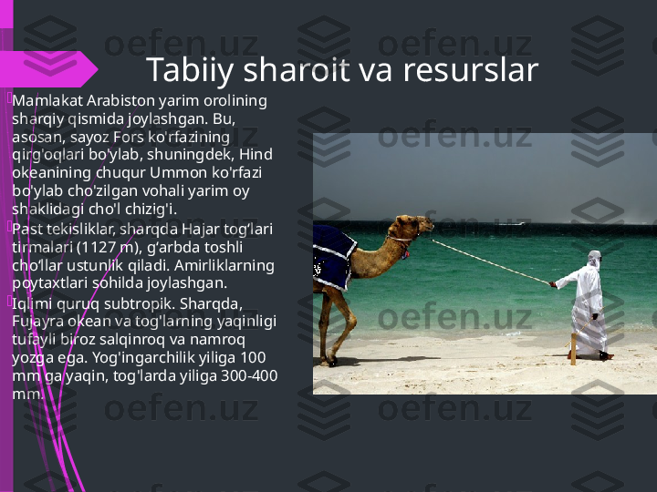 Tabiiy sharoit va resurslar

Mamlakat Arabiston yarim orolining 
sharqiy qismida joylashgan. Bu, 
asosan, sayoz Fors ko'rfazining 
qirg'oqlari bo'ylab, shuningdek, Hind 
okeanining chuqur Ummon ko'rfazi 
bo'ylab cho'zilgan vohali yarim oy 
shaklidagi cho'l chizig'i.

Past tekisliklar, sharqda Hajar togʻlari 
tirmalari (1127 m), gʻarbda toshli 
choʻllar ustunlik qiladi. Amirliklarning 
poytaxtlari sohilda joylashgan.

Iqlimi quruq subtropik. Sharqda, 
Fujayra okean va tog'larning yaqinligi 
tufayli biroz salqinroq va namroq 
yozga ega. Yog'ingarchilik yiliga 100 
mm ga yaqin, tog'larda yiliga 300-400 
mm.              