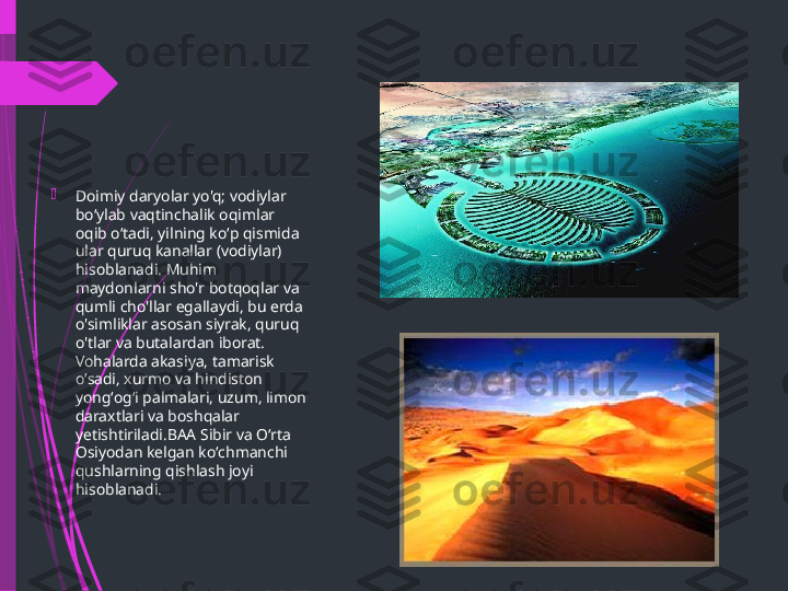 
Doimiy daryolar yo'q; vodiylar 
boʻylab vaqtinchalik oqimlar 
oqib oʻtadi, yilning koʻp qismida 
ular quruq kanallar (vodiylar) 
hisoblanadi. Muhim 
maydonlarni sho'r botqoqlar va 
qumli cho'llar egallaydi, bu erda 
o'simliklar asosan siyrak, quruq 
o'tlar va butalardan iborat. 
Vohalarda akasiya, tamarisk 
oʻsadi, xurmo va hindiston 
yongʻogʻi palmalari, uzum, limon 
daraxtlari va boshqalar 
yetishtiriladi.BAA Sibir va Oʻrta 
Osiyodan kelgan koʻchmanchi 
qushlarning qishlash joyi 
hisoblanadi.              