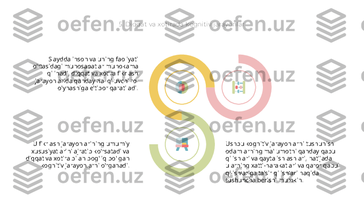 5 .  Diqqat  v a x ot irada k ognit iv  j aray onlar
Slaydda inson va uning faoliyati 
o'rtasidagi munosabatlar muhokama 
qilinadi, diqqat va xotira fikrlash 
jarayonlarida qanday hal qiluvchi rol 
o'ynashiga e'tibor qaratiladi.
U fikrlash jarayonlarining umumiy 
xususiyatlarini ajratib ko'rsatadi va 
diqqat va xotira bilan bog'liq bo'lgan 
kognitiv jarayonlarni o'rganadi. Ushbu kognitiv jarayonlarni tushunish 
odamlarning ma'lumotni qanday qabul 
qilishlari va qayta ishlashlari, natijada 
ularning xatti-harakatlari va qaror qabul 
qilishlariga ta'sir qilishlari haqida 
tushuncha berishi mumkin.   