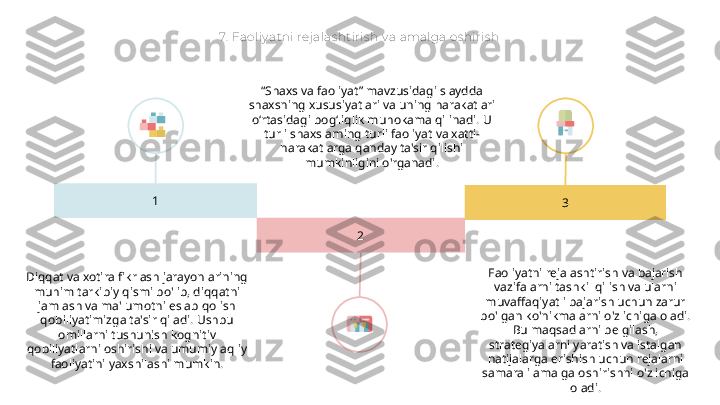 7.  Faoliy at ni rej alas ht iris h v a amalga os hiris h
1
2 3“ Shaxs va faoliyat” mavzusidagi slaydda 
shaxsning xususiyatlari va uning harakatlari 
o‘rtasidagi bog‘liqlik muhokama qilinadi. U 
turli shaxslarning turli faoliyat va xatti-
harakatlarga qanday ta'sir qilishi 
mumkinligini o'rganadi.
Diqqat va xotira fikrlash jarayonlarining 
muhim tarkibiy qismi bo'lib, diqqatni 
jamlash va ma'lumotni eslab qolish 
qobiliyatimizga ta'sir qiladi. Ushbu 
omillarni tushunish kognitiv 
qobiliyatlarni oshirishi va umumiy aqliy 
faoliyatini yaxshilashi mumkin. Faoliyatni rejalashtirish va bajarish 
vazifalarni tashkil qilish va ularni 
muvaffaqiyatli bajarish uchun zarur 
bo'lgan ko'nikmalarni o'z ichiga oladi. 
Bu maqsadlarni belgilash, 
strategiyalarni yaratish va istalgan 
natijalarga erishish uchun rejalarni 
samarali amalga oshirishni o'z ichiga 
oladi.   