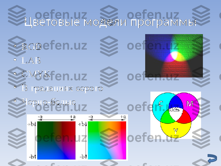 Цветовые модели программы
•
RGB 
•
LAB 
•
CMYK 
•
В градациях серого 
•
Черно-белые 