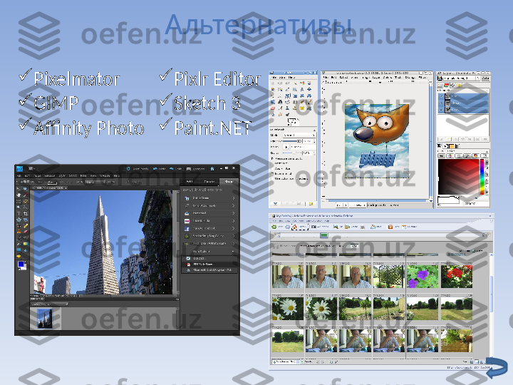 Альтернативы

Pixelmator

GIMP

Affinity Photo  
Pixlr Editor 

Sketch 3

Paint.NET  