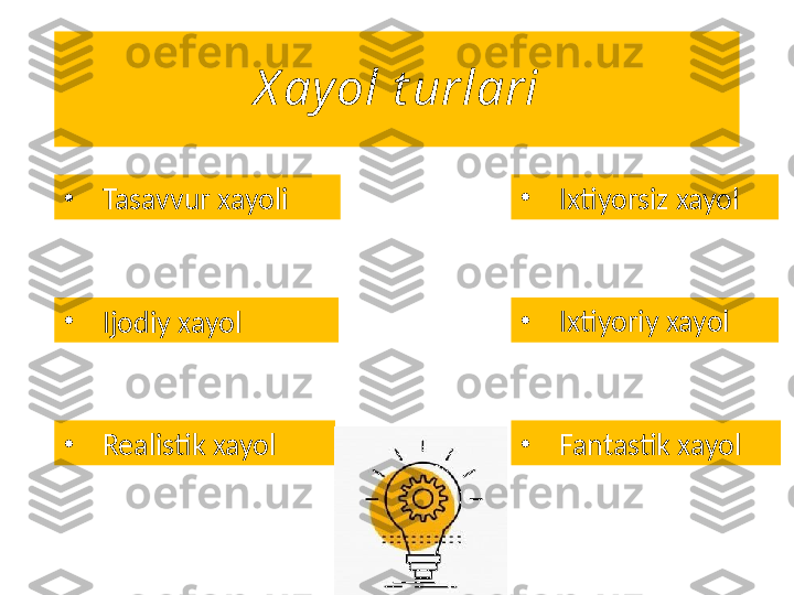 X ayol t urlari
•
Tasavvur xayoli
•
Ijodiy xayol
•
Realistik xayol •
Ixtiyorsiz xayol
•
Ixtiyoriy xayol
•
Fantastik xayol 