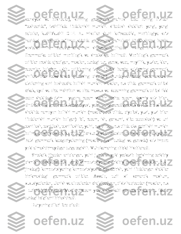 stansiyasi   va   boshqalar),   sonning   grammatik   ma’nosi   faqat   otning   o‘zidan
“tashqarida”,   izchillikda   ifodalanishi   mumkin.   sifatdosh   shakllari:   yangi,   yangi
paltolar,   kuchli/kuchli   CHP.   Bu   misollar   shuni   ko‘rsatadiki,   morfologiya   so‘z
haqidagi   grammatik   ta’limot   sifatida   grammatik   ma’nolarni   ifodalashning   barcha
vositalarini   ham   paradigmatik,   ham   sintagmatik   jihatdan   hisobga   olishi   zarur.
Grammatika   toifalari   morfologik   va   sintaksisga   bo'linadi.   Morfologik   grammatik
toifalar   orasida   ajratilgan,   masalan,   turdagi   tur,   garov,   vaqt,   moyillik,   yuzlar,   klan,
raqamlar,   holatlar;   Ushbu   toifalarning   izchil   ifodasi   barcha   so'zlarning   grammatik
sinflari   bilan   tavsiflanadi   (nutqning   qismlari).   Bunday   toifadagi   qarama-qarshi
a'zolarning   soni   boshqacha   bo'lishi   mumkin:   masalan,   rus   tilida   grammatik   toifasi
erkak, ayol   va o'rta  mehribon  va  o'rta  maxsus   va Raqamning  grammatik toifasi   ikki
qator   shakldagi   tizim   -   yagona   raqam   va   bir   nechta   raqam.   Rasmiy   so'z   bilan,
dindorlikning   grammatik   kategoriyasi,   ya'ni   uning   paradigmasi   shaklida   bir   xil   so'z
shaklida   namoyon   bo'lishi   mumkin   (masalan,   rus   tilida,   qiyo fasi,   yuzi,   yuzi   bilan
ifodalanishi   mumkin   bo'lgan)   fe'l,   raqam,   ish,   gensumi,   sifat   taqqoslash)   va   uni
tasniflash,   tasniflash,   tasniflashlar,   ya'ni,   rus   tilida   -   rus   tilida   aks   ettirilishi   mumkin
bo'lmaganlar (masalan, rus tilida). Gensupus va animatsion animatsion animatsiyalar).
Ba'zi   grammatik   kategoriyalarning   (masalan,   rus   -   turdagi   va   garovda)   so'z-import
yoki almashtirmaydigan turga tegishli. Muhokamaning ob'ekti hisoblanadi.
Sintaktik   jihatdan   aniqlangan,   ya'ni   jumlalar   yoki   yetkazib   berishning   tarkibiy
qismlarini (masalan, rus - gens) kompozitsiyaning tarkibiy qismlarini (masalan, rus -
jinsdagi)   kompozitsiyaning   kompozitsiyasida   aks   ettirish,   ya'ni   ifodalangan   shakllar
birikmasidagi   grammatik   toifalar.   Avvalo,   turli   xil   semantik   mavhum,
xususiyatlardan, ulanish va aloqalardan chalg'itadigan, tilsiz haqiqatdan (masalan, rus
-   turlarda)   chalg'itadi;   Masalan,   raqam   yoki   shaxs   kabi   gematik   toifalar,   bu   ikkala
turdagi belgilarni birlashtiradi.
Dunyoning tillari farq qiladi: 