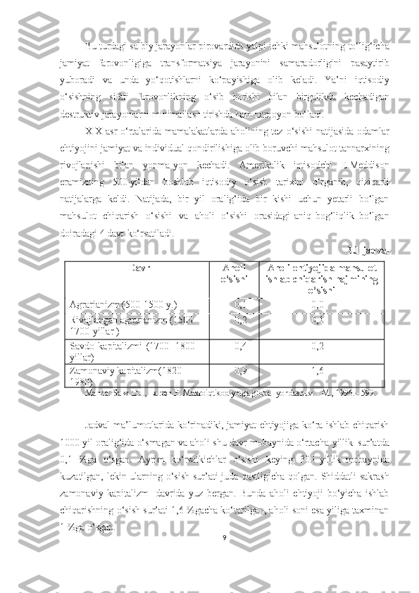 Bu turdagi salbiy jarayonlar pirovardida yalpi ichki mahsulotning   to‘lig‘icha
jamiyat   farovonligiga   transformatsiya   jarayonini   samaradorligini   pasaytirib
yuboradi   va   unda   yo‘qotishlarni   ko‘payishiga   olib   keladi.   Ya’ni   iqtisodiy
o‘sishning   sifati   farovonlikning   o‘sib   borishi   bilan   birgalikda   kechadigan
destruktiv   jarayonlarni   minimallash   tirishda   ham   namoyon   bo‘ladi.
XIX asr o‘rtalarida mamalakatlarda aholining tez   o‘sishi  natijasida   odamlar
ehtiyojini   jamiyat   va   individual   qondirilishiga   olib boruvchi   mahsulot   tannarxining
rivojlanishi   bilan   yonma-yon   kechadi.   Amerikalik   iqtisodchi   E.Meddison
eramizning   500-yildan   boshlab   iqtisodiy   o‘sish   tarixini   o‘rganib,   qiziqarli
natijalarga   keldi.   Natijada,   bir   yil   oralig‘ida   bir   kishi   uchun   yetarli   bo‘lgan
mahsulot   chiqarish   o‘sishi   va   aholi   o‘sishi   orasidagi   aniq   bog‘liqlik   bo‘lgan
doiradagi   4 davr   ko‘rsatiladi.
1.1-jadval
Davr Aholi
o‘sishi Aholi   ehtiyojida   mahsulot
ishlab   chiqarish hajmining
o‘sishi
Agrarianizm   (500-1500-y.) 0,1 0,0
Rivojlangan agrarianizm   (1500-
1700-yillar   ) 0,2 0,1
Savdo   kapitalizmi   (1700-   1800-
yillar) 0,4 0,2
Zamonaviy   kapitalizm(1820-  
1980) 0,9 1,6
Manba:   Saks   D.J.,   Larren   F.   Makroiqtisodiyotga   global   yondashuv.   -   M.,   1996.–   599.
Jadval ma’lumotlarida ko‘rinadiki, jamiyat ehtiyojiga ko‘ra ishlab chiqarish
1000 yil oralig‘ida o‘smagan va aholi shu davr mobaynida o‘rtacha   yillik   sur’atda
0,1   %ga   o‘sgan.   Ayrim   ko‘rsatkichlar   o‘sishi   keyingi   300   yillik   mobaynida
kuzatilgan, lekin ularning o‘sish sur’ati juda   pastligicha   qolgan.   Shiddatli   sakrash
zamonaviy   kapitalizm   davrida   yuz   bergan.   Bunda   aholi   ehtiyoji   bo‘yicha   ishlab
chiqarishning o‘sish   sur’ati 1,6 %gacha ko‘tarilgan, aholi soni esa yiliga taxminan
1 %ga   o‘sgan.
9 