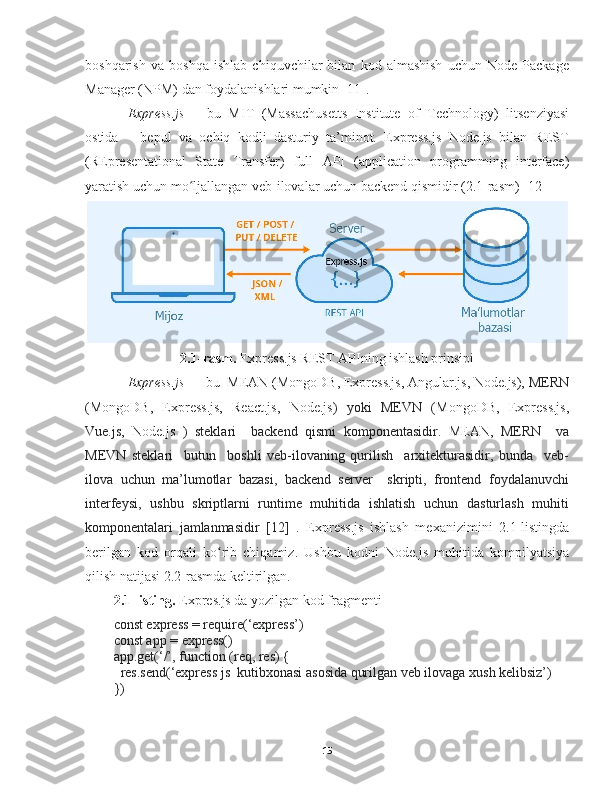 boshqarish   va   boshqa   ishlab   chiquvchilar   bilan   kod   almashish   uchun   Node   Package
Manager (NPM) dan foydalanishlari mumkin [11].
Express.js   –   bu   MIT   (Massachusetts   Institute   of   Technology)   litsenziyasi
ostida       bepul   va   ochiq   kodli   dasturiy   ta’minot.   Express.js   Node.js   bilan   REST
(REpresentational   State   Transfer)   full   API   ( application   programming   interface )
yaratish uchun mo ljallangan veb-ilovalar uchun backend qismidir (2.1-rasm) [12]ʻ
2.1 - rasm.  Express.js REST APIning ishlash prinsipi  
Express.js   –  bu  MEAN (MongoDB, Express.js, Angular.js, Node.js),  MERN
( MongoDB,   Express.js,   React.js,   Node.js )   yoki   MEVN   ( MongoDB,   Express.js,
Vue.js ,   Node.js   )   steklari     backend   qismi   komponentasidir.   MEAN,   MERN     va
MEVN   steklari     butun     boshli   veb-ilovaning   qurilish     arxitekturasidir,   bunda     veb-
ilova   uchun   ma’lumotlar   bazasi,   backend   server     skripti,   frontend   foydalanuvchi
interfeysi,   ushbu   skriptlarni   runtime   muhitida   ishlatish   uchun   dasturlash   muhiti
komponentalari   jamlanmasidir   [12]   .   Express.js   ishlash   mexanizimini   2.1-listingda
berilgan   kod   orqali   ko	
ʻ rib   chiqamiz.   U shbu   kod ni   Node.js   muhitida   kompilyatsiya
qilish natijasi  2.2 - rasmda  keltirilgan .
2.1-listing.  Expres.js da yozilgan kod fragmenti
const express = require(‘express’)
const app = express()
app.get(‘/’, function (req, res) {
  res.send(‘express js  kutibxonasi asosida qurilgan veb ilovaga xush kelibsiz’)
})
15 