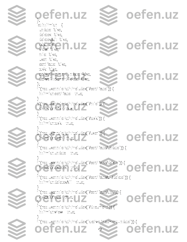   };
  let bolimlar = {
    update: false,
    deletes: false,
    deletesAll: false,
    add: false,
    view: false,
    role: false,
    user: false,
    certifcate: false,
    task: false,
    activeDocumentUpdate: false,
    activeDocumentDelete: false,
  };
  if (req.user.rolePath.includes("/certifcate")) {
    bolimlar.certifcate = true;
  }
  if (req.user.rolePath.includes("/role")) {
    bolimlar.role = true;
  }
  if (req.user.rolePath.includes("/task")) {
    bolimlar.task = true;
  }
  if (req.user.rolePath.includes("/user")) {
    bolimlar.user = true;
  }
  if (req.user.rolePath.includes("/certifcate/update")) {
    bolimlar.update = true;
  }
  if (req.user.rolePath.includes("/certifcate/delete")) {
    bolimlar.deletes = true;
  }
  if (req.user.rolePath.includes("/certifcate/all/delete")) {
    bolimlar.deletesAll = true;
  }
  if (req.user.rolePath.includes("/certifcate/add")) {
    bolimlar.add = true;
  }
  if (req.user.rolePath.includes("/document")) {
    bolimlar.view = true;
  }
  if (req.user.rolePath.includes("activeDocumentUpdate")) {
43 