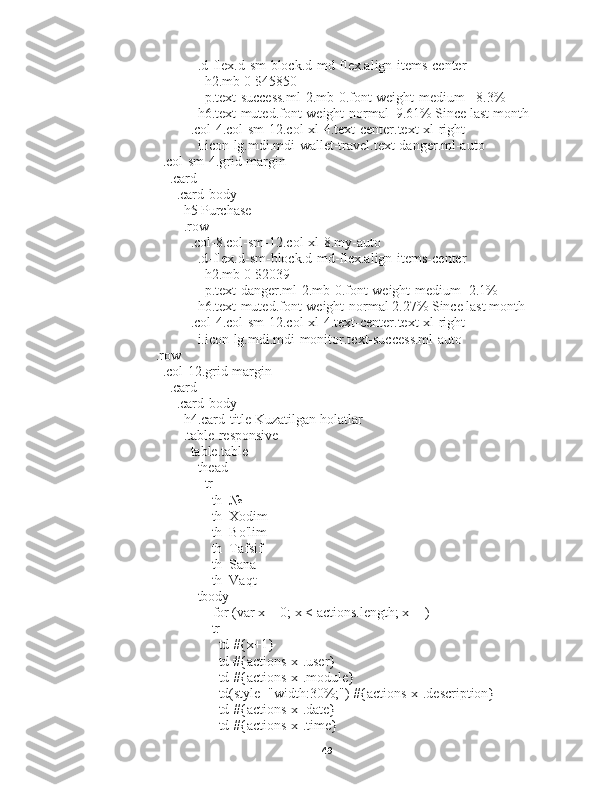                         .d-flex.d-sm-block.d-md-flex.align-items-center
                          h2.mb-0 $45850
                          p.text-success.ml-2.mb-0.font-weight-medium +8.3%
                        h6.text-muted.font-weight-normal  9.61% Since last month
                      .col-4.col-sm-12.col-xl-4.text-center.text-xl-right
                        i.icon-lg.mdi.mdi-wallet-travel.text-danger.ml-auto
              .col-sm-4.grid-margin
                .card
                  .card-body
                    h5 Purchase
                    .row
                      .col-8.col-sm-12.col-xl-8.my-auto
                        .d-flex.d-sm-block.d-md-flex.align-items-center
                          h2.mb-0 $2039
                          p.text-danger.ml-2.mb-0.font-weight-medium -2.1% 
                        h6.text-muted.font-weight-normal 2.27% Since last month
                      .col-4.col-sm-12.col-xl-4.text-center.text-xl-right
                        i.icon-lg.mdi.mdi-monitor.text-success.ml-auto
            .row
              .col-12.grid-margin
                .card
                  .card-body
                    h4.card-title Kuzatilgan holatlar
                    .table-responsive
                      table.table
                        thead
                          tr
                            th  № 
                            th  Xodim 
                            th  Bo'lim 
                            th  Tafsif 
                            th  Sana 
                            th  Vaqt
                        tbody
                          - for (var x = 0; x < actions.length; x++)
                            tr 
                              td #{x+1}
                              td #{actions[x].user}
                              td #{actions[x].module}
                              td(style="width:30%;") #{actions[x].description}
                              td #{actions[x].date}
                              td #{actions[x].time}
49 