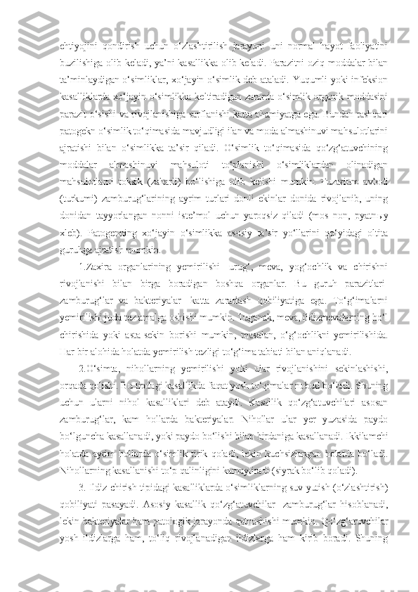 ehtiyojini   qondirish   uchun   o‘zlashtirilish   jarayoni   uni   normal   hayot   faoliyatini
buzilishiga olib keladi, ya’ni kasallikka olib keladi. Parazitni oziq moddalar bilan
ta’minlaydigan o‘simliklar, xo‘jayin o‘simlik deb ataladi. Yuqumli yoki infeksion
kasalliklarda xo‘jayin o‘simlikka keltiradigan zararda o‘simlik organik moddasini
parazit o‘sishi va rivojlanishiga sarflanishi katta ahamiyatga ega. Bundan tashqari
patogekn o‘simlik to‘qimasida mavjudligi ilan va moda almashinuvi mahsulotlarini
ajratishi   bilan   o‘simlikka   ta’sir   qiladi.   O‘simlik   to‘qimasida   qo‘zg‘atuvchining
moddalar   almashinuvi   mahsuloti   to‘planishi   o‘simliklardan   olinadigan
mahsulotlarni   toksik   (zaharli)   bo‘lishiga   olib   kelishi   mumkin.   Fuzarium   avlodi
(turkumi)   zamburug‘larining   ayrim   turlari   donli   ekinlar   donida   rivojlanib,   uning
donidan   tayyorlangan   nonni   iste’mol   uchun   yaroqsiz   qiladi   (mos   non,   pyatn ы y
xleb).   Patogenning   xo‘jayin   o‘simlikka   asosiy   ta’sir   yo‘llarini   qo‘yidagi   oltita
guruhga ajratish mumkin.
1.Zaxira   organlarining   yemirilishi-   urug‘,   meva,   yog‘ochlik   va   chirishni
rivojlanishi   bilan   birga   boradigan   boshqa   organlar.   Bu   guruh   parazitlari-
zamburug‘lar   va   bakteriyalar-   katta   zararlash   qobiliyatiga   ega.   To‘g‘imalarni
yemirilishi juda tez amalga oshishi mumkin. Tuganak, meva, ildizmevalarning ho‘l
chirishida   yoki   asta-sekin   borishi   mumkin,   masalan,   o‘g‘ochlikni   yemirilishida.
Har bir alohida holatda yemirilish tezligi to‘g‘ima tabiati bilan aniqlanadi.
2.O‘simta,   nihollarning   yemirilishi   yoki   ular   rivojlanishini   sekinlashishi,
orqada qolishi. Bu tipdagi kasallikda faqat yosh to‘qimalar nobud bo‘ladi. Shuning
uchun   ularni   nihol   kasalliklari   deb   ataydi.   Kasallik   qo‘zg‘atuvchilari   asosan
zamburug‘lar,   kam   hollarda   bakteriyalar.   Nihollar   ular   yer   yuzasida   paydo
bo‘lguncha kasallanadi, yoki paydo bo‘lishi bilan birdaniga kasallanadi. Ikkilamchi
holatda   ayrim   hollarda   o‘simlik   tirik   qoladi,   lekin   kuchsizlangan   holatda   bo‘ladi.
Nihollarning kasallanishi to‘p qalinligini kamaytiradi (siyrak bo‘lib qoladi).
3. Ildiz chirish tipidagi kasalliklarda o‘simliklarning suv yutish (o‘zlashtirish)
qobiliyati   pasayadi.   Asosiy   kasallik   qo‘zg‘atuvchilar-   zamburug‘lar   hisoblanadi,
lekin bakteriyalar ham patologik jarayonda qatnashishi mumkin. Qo‘zg‘atuvchilar
yosh   ildizlarga   ham,   to‘liq   rivojlanadigan   ildizlarga   ham   kirib   boradi.   Shuning 