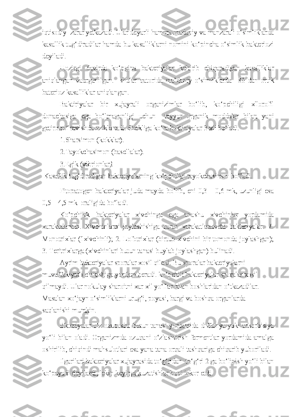 iqtisodiy  zarar yetkazadi. Ular deyarli hamma madaniy va manzarali o‘simliklarda
kasallik tug‘diradilar hamda bu kasalliklarni nomini ko‘pincha o‘simlik bakteriozi
deyiladi.
Hozirgi   davirda   ko‘pgina   bakteriyalar   keltirib   chiqaradigan   kasalliklar
aniqlangan   vaurganilgan.     shular   qatorida   ma’daniy   o‘simliklarda     80   dan   ortik
baterioz kasalliklar aniqlangan. 
Baktiriyalar   bir   xujayrali   organizimlar   bo‘lib,   ko‘pchiligi   xllorofil
donachasiga   ega   bo‘lmaganligi   uchun     tayyor   organik   moddalar   bilan   yani
getirotrof ravishda oziklanadi. Shakliga ko‘ra baktiriyalar 3 xil bo‘ladi.
1.Sharsimon (kokklar).
2.Tayokchasimon (basellalar).
3.Egik (vibrionlar ).
 Kasallik tug‘diradigan bakteriyalarning ko‘pchiligi tayokchasimon bo‘ladi.
Fitopatogen   bakteriyalar   juda   mayda   bo‘lib,   eni   0,3   –  0,6   mk,  uzunligi   esa
0,5 – 4,5 mk  oraligida bo‘ladi.
Ko‘pchilik   bakteriyalar   xivchinga   ega   anashu   xivchinlar   yordamida
xarakatlanadi.   Xivchinlarni   joylashishiga   qarab   xarakatlanuvchi   bakteriyalar:   1.
Monotrixlar   (1xivchinli);   2.   Lofotrixlar   (birtup   xivchini   bir   tomonda   joylashgan);
3. Teritrixlarga (xivchinlari butun tanasi buylab joylashgan) bulinadi.
Ayrim bakteriyalar sporalar xosil qiladi. Bu sporalar bakteriyalarni 
muvaffakiyatli chikishiga yordam beradi. ko‘pchili bakteriyalar sporalar xosil 
qilmaydi. Ular nokulay sharoitni xar xil yo‘llar bilan boshlaridan o‘tkazadilar. 
Masalan xo‘jayn o‘simliklarni urug‘i, poyasi, bargi va boshqa organlarda 
saqlanishi mumkin.
Bkteriyalar o‘z ozuqasini butun tanasi yordamida diffuziya yoki adsorbisiya
yo‘li   bilan  oladi.   Organizmda   ozuqani   o‘zlashtirish   fermentlar   yordamida  amalga
oshirilib, chiqindi mahsulotlari esa yana tana orqali tashqariga chiqarib yuboriladi. 
Ilgarilari bakteriyalar xujayrasida to‘g‘ridan  to‘g‘ri 2 ga bo‘linish yo‘li bilan
ko‘payadi deyilardi, lekin keyingi kuzatishlar buni inkor etdi. 