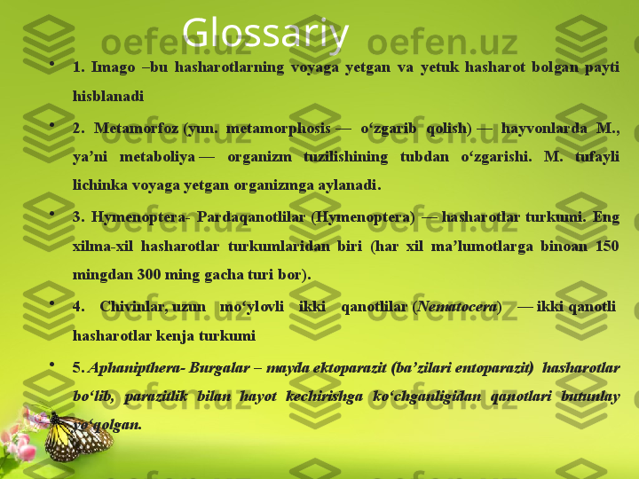 Glossariy
•
1.  Imago  –bu  hasharotlarning  voyaga  yetgan  va  yetuk  hasharot  bolgan  payti 
hisblanadi
•
2.   Metamorfoz (yun.  metamorphosis	 —  o zgarib  qolish)	 —  hayvonlarda  M., 	ʻ
ya ni  metaboliya	
 —  organizm  tuzilishining  tubdan  o zgarishi.  M.  tufayli 	ʼ ʻ
lichinka voyaga yetgan organizmga aylanadi .
•
3.   Hymenoptera -  Pardaqanotlilar	
 ( Hymenoptera )  —	  hasharotlar   turkumi .  Eng 
xilma-xil  hasharotlar  turkumlaridan  biri  (har  xil  ma lumotlarga  binoan  150 	
ʼ
mingdan 300 ming gacha	
  turi  	bor).	 
•
4.   Chivinlar,	
 uzun  mo ylovli  ikki  qanotlilar	 (	ʻ Nematocera )  —	  ikki   qanotli  
hasharotlar  	
kenja turkumi
•
5.  Aphanipthera -  Burgalar – mayda ektoparazit (ba’zilari entoparazit)  hasharotlar 
bo‘lib,  parazitlik  bilan  hayot  kechirishga  ko‘chganligidan  qanotlari  butunlay 
yo‘qolgan. 