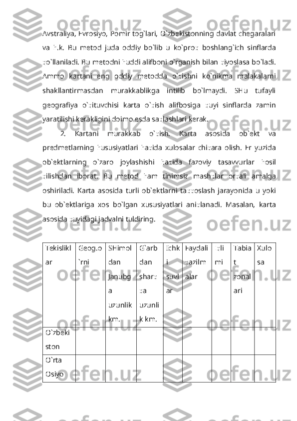 Avstraliya, Evrosiyo,  Pomir tog`lari,  O`zbekistonning davlat chegaralari
va   h .k.   Bu   metod   juda   oddiy   bo`lib   u   ko`pro q   boshlang`ich   sinflarda
q o`llaniladi. Bu metodni  h uddi alifboni o`rganish bilan  q iyoslasa bo`ladi.
Ammo   kartani   eng   oddiy   metodda   o` q ishni   ko`nikma   malakalarni
shakllantirmasdan   murakkablikga   intilib   bo`lmaydi.   SHu   tufayli
geografiya   o` q ituvchisi   karta   o` q ish   alifbosiga   q uyi   sinflarda   zamin
yaratilishi kerakligini doimo esda sa q lashlari kerak.
2.   Kartani   murakkab   o` q ish.   Karta   asosida   ob`ekt   va
predmetlarning   h ususiyatlari   h a q ida   xulosalar   chi q ara   olish.   Er   yuzida
ob`ektlarning   o`zaro   joylashishi   h a q ida   fazoviy   tasavvurlar   h osil
q ilishdan   iborat.   Bu   metod   h am   tinimsiz   mash q lar   or q ali   amalga
oshiriladi.   Karta   asosida   turli   ob`ektlarni   ta qq oslash   jarayonida   u   yoki
bu   ob`ektlariga   xos   bo`lgan   xususiyatlari   ani q lanadi.   Masalan,   karta
asosida  q uyidagi jadvalni tuldiring.
Tekislikl
ar Geog.o
`rni SHimol
dan
Janubg
a
uzunlik
km. G`arb
dan
shar q
q a
uzunli
k km. Ichk
i
suvl
ar Faydali
q azilm
alar Iq li
mi Tabia
t
zonal
ari Xulo
sa
O`zbeki
ston 
O`rta
Osiyo 