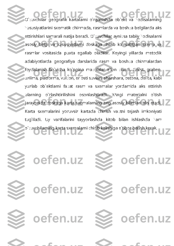 O` q uvchilar   geografik   kartalarni   o`rganishda   ob`ekt   va   h odisalarning
h ususiyatlarini sxematik chizmada, rasmlarda va bosh q a belgilarda aks
ettirishlari samarali natija beradi. O` q uvchilar ayni q sa tabiiy   h odisalarni
asosiy   belgi   va   xususiyatlarni   doskaga   chizib   ko`rsatilgan   sxema   va
rasmlar   vositasida   puxta   egallab   oladilar.   Keyingi   yillarda   metodik
adabiyotlarda   geografiya   darslarida   rasm   va   bosh q a   chizmalardan
foydalanish   bo`yicha   ko`pgina   ma q olalar   e`lon   q ilindi.   Gorst,   graben,
uzilma, platforma, vul q on, er osti suvlari, sharshara, ostona, del`ta, kabi
yuzlab   ob`ektlarni   fa q at   rasm   va   sxemalar   yordamida   aks   ettirish
ularning   o`zlashtirilishini   osonlashtiradi.   YAngi   materialni   o`tish
jarayonida   doskaga  karta   sxemalarning   eng   asosiy   bilimlari   aks   etadi.
Karta   sxemalarini   yozuvsiz   kartada   chizish   va q tni   tejash   imkoniyati
tug`iladi.   Uy   vazifalarini   tayyorlashda   kitob   bilan   ishlashda   h am
o` q uvchilarning karta sxemalarni chizib kelishiga e`tibor berish kerak. 