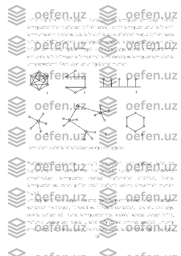 To‘liq   bog‘lanishli   topologiya   –   bunda   har   bir   kompyuter   tarmoqdagi   boshqa
kompyuterlar   bilan   bog’langan   bo’lishi   kerak.   Har   bir   kompyuter   uchun   ko’p   sonli
kommunikatsion portlar  va juda ko’p alohida aloqa chiziqlari  mavjud bo’lishi  kerak
bo’ladi.   To’liq   bog’lanishli   topologiyadan   tarkibida   kompyuterlarining   soni   ko’p
bo’lgan   tarmoqlarda   foydalanilmaydi.   Ushbu   topologiya   asosida   kompyuterlarining
soni uncha ko’p bo’lmagan ko’p mashinali komplekslarda va kompyuter tarmoqlarida
uning serverlarini o’zaro ulash uchun foydalanish mumkin. 
  
Tarmoqlarni qurishda ishlatiladigan asosiy topologiyalar. 
 
Yacheykasimon   topologiya   –   to„liq   bog„lanishli   topologiyadagi   ba’zi   bir
bog’lanishlarni   olib   tashlash   bilan   hosil   qilinadi.   Bunda   o’zaro   ko’proq   axborot
almashinadigan   kompyuterlar   orasidagi   bog’lanishlar   qoldiriladi,   boshqa
kompyuterlar   esa   tranzit   yo’llar   orqali   bog’lanib   axborot   almashinishi   mumkin
bo„ladi. 
Umumiy   shinali   topologiya   –   Ethernet   texnologiyasining   avval   ishlab   chiqarilgan
standartlari   hisoblangan,   10Base-5   va   10Base-2   standartlari,     ana   shu   topologiya
asosida   qurilgan   edi.   Bunda   kompyuterlar   bitta   koaksial   kabelga   ulangan   bo’lib,
ma’lumot   uzatilayotgan   paytda   u   kabel   bo’ylab   ikki   tomonga   tarqaladi.   Umumiy
shinali   tarmoqlar   nisbatan   arzon   hisoblanadi,   ularda   kabelni   tortish   va   qo’shimcha
13  
  