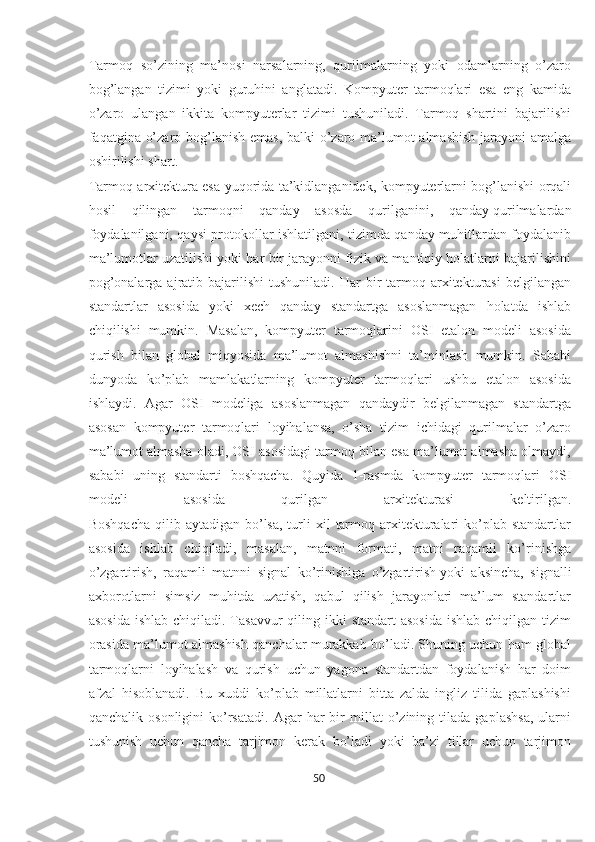 Tarmoq   so’zining   ma’nosi   narsalarning,   qurilmalarning   yoki   odamlarning   o’zaro
bog’langan   tizimi   yoki   guruhini   anglatadi.   Kompyuter   tarmoqlari   esa   eng   kamida
o’zaro   ulangan   ikkita   kompyuterlar   tizimi   tushuniladi.   Tarmoq   shartini   bajarilishi
faqatgina o’zaro bog’lanish emas,  balki  o’zaro ma’lumot almashish  jarayoni amalga
oshirilishi shart.
Tarmoq arxitektura esa yuqorida ta’kidlanganidek, kompyuterlarni bog’lanishi orqali
hosil   qilingan   tarmoqni   qanday   asosda   qurilganini,   qanday   qurilmalardan
foydalanilgani, qaysi protokollar ishlatilgani, tizimda qanday muhitlardan foydalanib
ma’lumotlar uzatilishi yoki har bir jarayonni fizik va mantiqiy holatlarni bajarilishini
pog’onalarga  ajratib  bajarilishi  tushuniladi.  Har  bir   tarmoq  arxitekturasi  belgilangan
standartlar   asosida   yoki   xech   qanday   standartga   asoslanmagan   holatda   ishlab
chiqilishi   mumkin.   Masalan,   kompyuter   tarmoqlarini   OSI   etalon   modeli   asosida
qurish   bilan   global   miqyosida   ma’lumot   almashishni   ta’minlash   mumkin.   Sababi
dunyoda   ko’plab   mamlakatlarning   kompyuter   tarmoqlari   ushbu   etalon   asosida
ishlaydi.   Agar   OSI   modeliga   asoslanmagan   qandaydir   belgilanmagan   standartga
asosan   kompyuter   tarmoqlari   loyihalansa,   o’sha   tizim   ichidagi   qurilmalar   o’zaro
ma’lumot   almasha oladi, OSI asosidagi tarmoq bilan esa ma’lumot almasha olmaydi,
sababi   uning   standarti   boshqacha.   Quyida   1-rasmda   kompyuter   tarmoqlari   OSI
modeli   asosida   qurilgan   arxitekturasi   keltirilgan.
Boshqacha   qilib  aytadigan  bo’lsa,  turli  xil   tarmoq  arxitekturalari  ko’plab standartlar
asosida   ishlab   chiqiladi,   masalan,   matnni   formati,   matni   raqamli   ko’rinishga
o’zgartirish,   raqamli   matnni   signal   ko’rinishiga   o’zgartirish   yoki   aksincha,   signalli
axborotlarni   simsiz   muhitda   uzatish,   qabul   qilish   jarayonlari   ma’lum   standartlar
asosida  ishlab  chiqiladi.  Tasavvur  qiling ikki  standart  asosida  ishlab chiqilgan tizim
orasida ma’lumot almashish qanchalar murakkab bo’ladi. Shuning uchun ham global
tarmoqlarni   loyihalash   va   qurish   uchun   yagona   standartdan   foydalanish   har   doim
afzal   hisoblanadi.   Bu   xuddi   ko’plab   millatlarni   bitta   zalda   ingliz   tilida   gaplashishi
qanchalik   osonligini   ko’rsatadi.   Agar   har   bir   millat   o’zining   tilada   gaplashsa,   ularni
tushunish   uchun   qancha   tarjimon   kerak   bo’ladi   yoki   ba’zi   tillar   uchun   tarjimon
50  
  