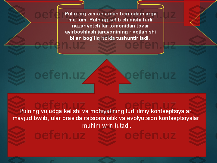 Pul uzoq zamonlardan beri odamlarga 
ma`lum. Pulning kelib chiqishi turli 
nazariyotchilar tomonidan tovar 
ayirboshlash jarayonining rivojlanishi 
bilan bog`liq holda tushuntiriladi. 
Pulning vujudga kelishi va mohiyatining turli ilmiy kontseptsiyalari 
mavjud bwlib, ular orasida ratsionalistik va evolyutsion kontseptsiyalar 
muhim wrin tutadi.  