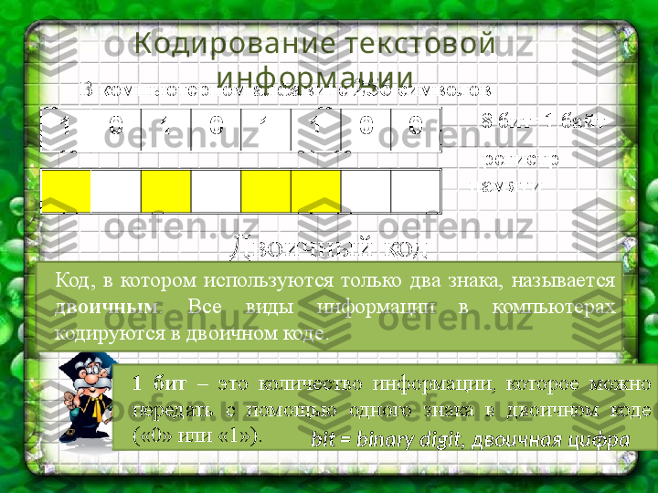 1 0 1 0 1 1 0 0В компьютерном алфавите  256  символовКоди ровани е тек стовой  
и нф орм аци и
-
  8 бит=1 байт
-
  регистр 
памяти
Двоичный код
Код,  в  котором  используются  только  два  знака,  называется 
двоичным .  Все  виды  информации  в  компьютерах 
кодируются в двоичном коде.
1  бит   –  это  количество  информации,  которое  можно 
передать  с  помощью  одного  знака  в  двоичном  коде  
( «0» или «1» ) .
bit = binary digit,  двоичная цифра 