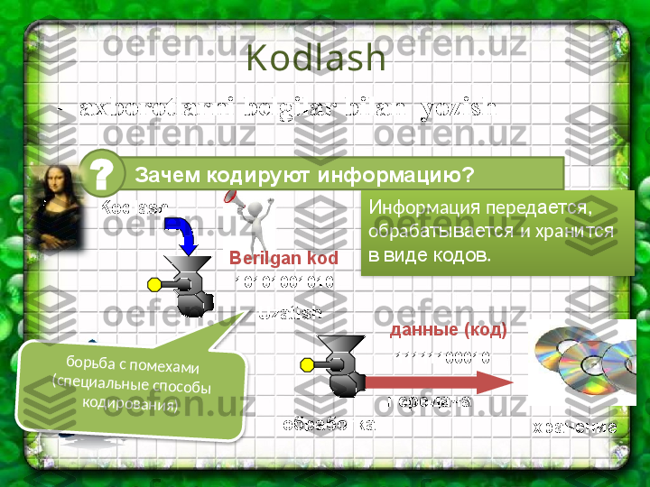 Kodlash
–  axborotlarni belgilar bilan  yozish
    Зачем кодируют информацию?
?
Kodlash
10101001010Berilgan kod
обработка 1 1111100 010данные (код)
хранениеборьба с пом	ехам	и 	
(специальны	е способы	 	
код	ирования)Uzatish
передачаИ нформаци я  перед ается , 
обраб атывается  и хран ится 
в виде кодов .   