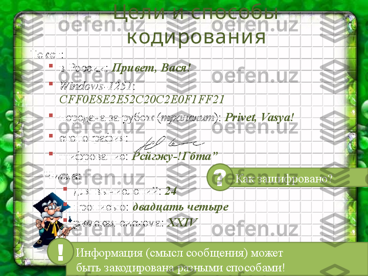 Цели  и  способы  
к оди ровани я
Текст :

в России:  Привет, Вася!

Windows-1251 : 
CFF0E8E2E52C20C2E0F1FF21

передача за рубеж ( транслит ):  Privet, Vasya!

стенография:

шифрование:  Рсйгжу-!Гбта ”
   Как зашифровано?
?Числа :

для вычислений:  24

прописью:  двадцать четыре

римская система:  XXIV
   Информация (смысл сообщения) может 
  быть закодирована разными способами!! 