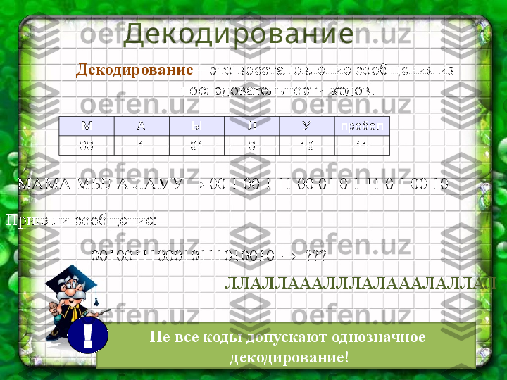 Дек оди ровани е
М А Ы Л У пробел
00 1 01 0 10 11Декодирование   – это восстановление сообщения из 
последовательности кодов .
МАМА МЫЛА ЛАМУ → 00 1 00 1 11 00 01 0 1 11 0 1 00 10 
Приняли сообщение:
0010011100010111010010        ???
ЛЛАЛЛАААЛЛЛАЛАААЛАЛЛАЛ
   Не все коды допускают однозначное 
  декодирование!! 