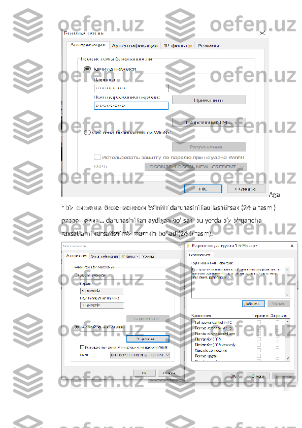 Aga
r   biz    c истема  безопасности  WinNT   darchasini   faollashtirsak  (24- a   rasm  ) 
разрешения…  darchasini   tanlaydigan   bo ’ lsak    bu   yerda   biz   birqancha  
ruxsatlarni   kursatishimiz   mumkin   bo ’ ladi (24- b   rasm ). 