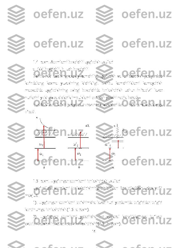 1.4- rasm. Atomlarni bosqichli uyg‘otish usullari
a- ikki bosqichli, b- uch bosqichli
Ushbu   ikki   usulning   asosiy   kamchiligi   uyg‘otish   va   ionlashtirish   jarayonlari
ko ‘ ndalang   kesma   yuzasining   kichikligi.   Ushbu   kamchiliklarni   kamaytirish
maqsadida   uyg‘otishning   oxirgi   bosqichida   ionlashtirish   uchun   infraqizil   lazer
nurlarini yoki qisqa elektrik impulslarni qo ‘ llash yaxshi natija beradi.
Bunda   o‘zaro   ta’sir   jarayoni   norezonans   xarakteridan   –   rezonans   xarakterga
o‘tadi. 
1.5-  rasm. Uyg‘ongan atomlarni ionlashtirish usullari
Uyg‘otilgan atomlarni  ionlashtirishning bir-biridan farq qiladigan uchta yo‘li
mavjud:
1).   Uyg‘ongan   atomlarni   qo‘shimcha   lazer   nuri   yordamida   to‘g‘ridan-to‘g‘ri
kontinumga ionlashtirish.(1.5- a-rasm).
2).   Uyg‘ongan   atomlarni   yetarlicha   tor   spektral   kenglikka   ega   bo‘lgan
avtoionizatsion holatlar orqali ionlashtirish. ( 1.5-  b -rasm).
16 