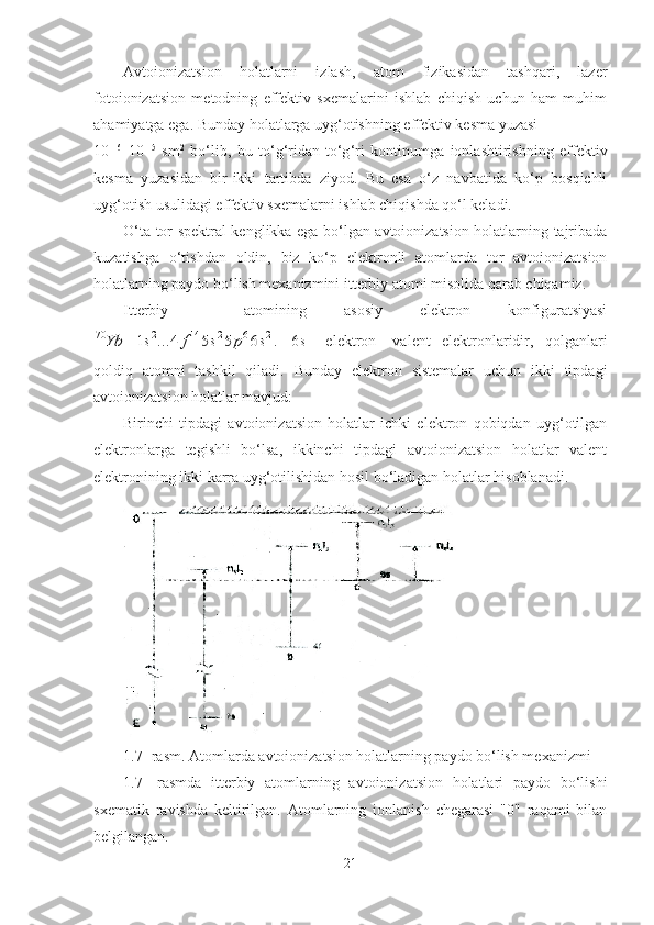 Avtoionizatsion   holatlarni   izlash,   atom   fizikasidan   tashqari,   lazer
fotoionizatsion   metodning   effektiv   sxemalarini   ishlab   chiqish   uchun   ham   muhim
ahamiyatga ega. Bunday holatlarga uyg‘otishning effektiv kesma yuzasi 
10 -16
–10 -15
  sm 2
  bo‘lib,   bu   to‘g‘ridan-to‘g ‘ ri   kontinumga   ionlashtirishning   effektiv
kesma   yuzasidan   bir-ikki   tartibda   ziyod.   Bu   esa   o‘z   navbatida   ko‘p   bosqichli
uyg‘otish usulidagi effektiv sxemalarni ishlab chiqishda qo‘l keladi.
O‘ta tor spektral kenglikka ega bo‘lgan avtoionizatsion holatlarning tajribada
kuzatishga   o‘tishdan   oldin,   biz   ko‘p   elektronli   atomlarda   tor   avtoionizatsion
holatlarning paydo bo‘lish mexanizmini itterbiy atomi misolida qarab chiqamiz.
Itterbiy     atomining   asosiy   elektron   konfiguratsiyasi2	6	2	14	2	70	6	5	5	4	...	1	s	p	s	f	s	Yb	
.  	s6   -elektron   -valent   elektronlaridir,   qolganlari
qoldiq   atomni   tashkil   qiladi.   Bunday   elektron   sistemalar   uchun   ikki   tipdagi
avtoionizatsion holatlar mavjud:
Birinchi   tipdagi   avtoionizatsion   holatlar   ichki   elektron   qobiqdan   uyg‘otilgan
elektronlarga   tegishli   bo‘lsa,   ikkinchi   tipdagi   avtoionizatsion   holatlar   valent
elektronining ikki karra uyg‘otilishidan hosil bo‘ladigan holatlar hisoblanadi.
1.7-  rasm. Atomlarda avtoionizatsion holatlarning paydo bo‘lish mexanizmi
1.7-   rasmda   itterbiy   atomlarning   avtoionizatsion   holatlari   paydo   bo‘lishi
sxematik   ravishda   keltirilgan.   Atomlarning   ionlanish   chegarasi   "0"   raqami   bilan
belgilangan. 
21 