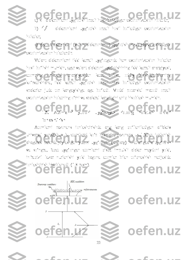 a) K - elektronlarni  u yg‘otish orqali hosil bo‘ladigan avtoionizatsion holatlar ;
b)  f	4   -   elektronlarni   u yg‘otish   orqali   hosil   bo‘ladigan   avtoionizatsion
holatlar ;
c ) 
s6  - elektronlarni (valent elektronlarni)   u yg‘otish orqali paydo bo‘ladigan
avtoionizatsion holatlardir.
Valent   elektronlarni   ikki   karrali   uyg‘otganda   ham   avtoionizatsion   holatlar
hosil bo‘lishi mumkin, agar valent elektroni uyg‘otishining ikki karrali energiyasi,
atomning   ionlanish   energiyasidan   katta   bo‘lsa,   oddiy   hisob-kitoblarning
ko‘rsatishicha,   ikki   karrali   uyg‘otish   orqali   hosil   bo‘ladigan   avtoionizatsion
spektrlar   juda   tor   kengayishga   ega   bo‘ladi.   Model   potensial   metodi   orqali
avtoionizatsion holatning o‘rni va spektral kengligini aniq hisoblash mumkin.
1.6.   Atomlarni   yuqori   uyg‘ongan   ridberg   holatlari   orqali
ionlashtirish
Atomlarni   rezonans   ionlashtirishda   eng   keng   qo‘llaniladigan   effektiv
universal   yondashuv   bu-atomlarni   ko‘p   bosqichli   rezonans   usul   bilan   ionlanish
chegarasi   pastida   joylashgan   yuqori   uyg‘ongan   (ridberg)   holatlarigacha   uyg‘otish
va   so‘ngra,   faqat   uyg‘ongan   atomlarni   qisqa   impulsli   elektr   maydoni   yoki,
infraqizil   lazer   nurlanishi   yoki   begona   atomlar   bilan   to‘qnashish   natijasida
ionlashtirish hisoblanadi. (1.8-rasm). 
22 