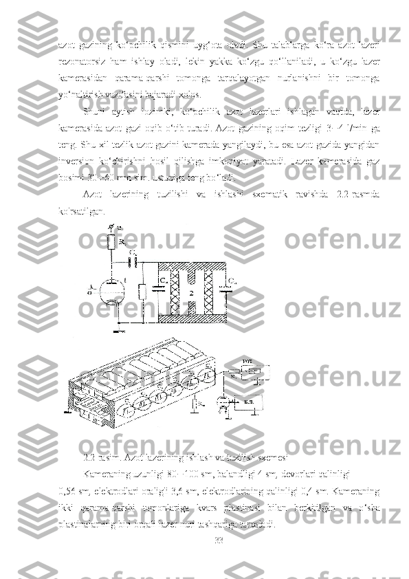 azot   gazining   ko ‘ pchilik   qismini   uyg ‘ ota   oladi.   Shu   talablarga   ko ‘ ra   azot   lazeri
rezonatorsiz   ham   ishlay   oladi,   lekin   yakka   ko ‘ zgu   qo ‘ llaniladi,   u   ko ‘ zgu   lazer
kamerasidan   qarama-qarshi   tomonga   tarqalayotgan   nurlanishni   bir   tomonga
yo ‘ naltirish vazifasini bajaradi xolos.
Shuni   aytish   lozimki,   ko ‘ pchilik   azot   lazerlari   ishlagan   vaqtda,   lazer
kamerasida   azot   gazi   oqib   o ‘ tib   turadi.   Azot   gazining   oqim   tezligi   3 ¸ 4   l/min   ga
teng. Shu xil tezlik azot gazini kamerada yangilaydi, bu esa azot gazida yangidan
inversion   ko ‘ chirishni   hosil   qilishga   imkoniyat   yaratadi.   Lazer   kamerasida   gaz
bosimi 30 ¸ 60 mm sim.   ustuniga teng bo ‘ ladi.
Azot   lazerining   tuzilishi   va   ishlashi   sxematik   ravishda   2.2-rasmda
ko'rsatilgan.
2.2-rasim. Azot lazerining ishlash va tuzilish sxemesi
Kameraning uzunligi 80 ¸ 100 sm, balandligi  4 sm ,  devorlari qalinligi 
0 ,56 sm ,  elektrodlari oralig'i 3,6 sm, elektrodlarining qalinligi 0,4 sm. Kameraning
ikki   qarama-qarshi   tomonlariga   kvars   plastinasi   bilan   berkitilgan   va   o ‘ sha
plastinalarning biri orqali lazer nuri tashqariga tarqaladi.
33 