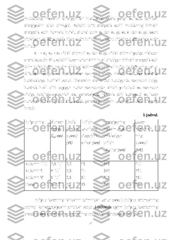 moddalarda   inversion   ko ‘ chganlikni   hosil   qilish   ancha   yengil   va   katta   damlash
energiyasini   talab   qilmaydi.   Sababi:   to ‘ rt   energetik   sathli   moddaning   birinchi
energetik   sathi   hamisha   bo ‘ sh,   chunki   atom   ε
3   dan   ε
2   ga   va   ε
1   dan   ε
0   ga   kvant
o ‘ tishlar juda katta tezlik bilan sodir bo ‘ ladi. Bu kvant o ‘ tishlar nurlanishsiz sodir
bo ‘ ladi. 
ε
  1    ε
0 ,   ε
3   ε
2   o ‘ tish   ehtimoli   ε
2   dan   ε
1   ga   o ‘ tish   ehtimoliyatiga   nisbatan
ancha kattadir. Shu sababli lazer nurlanishini hosil qiladigan birinchi energetik sath
doim bo ‘ sh bo ‘ lib, neodim shishasi kabi moddalar misol bo ‘ la oladi. Buning uchun
difraksion   panjara   va   interferometr   rezonator   o ‘ qiga   nisbatan   uzluksiz   ravishda
burchaklarga   burilishi   zarur.   Dispersion   elementlar   burulganda   rezonator   o'qiga
burchak   hosil   qilib   qaytgan   nurlar   rezonatordan   chiqib   yo ‘ qoladi   va   rezonator
o ‘ qiga   parallel   qaytganlari   esa   generasiyada   ishtirok   etib   kuchayadi   va   lazer
nurlanishini  hosil  qiladi. Shu usulda generasiya  to ‘ lqin uzunligi uzluksiz o ‘ zgarib
boradi.
1-jadval .
Bo ‘ yoqning
nomi Konsen-
trasiya
S
opt  mol Optik
damlash
quvvati
(Vt) To ‘ lqin
uzunligini
o ‘ zgartirish
sohasi  (nm) Energiyaning
maksimumga
mos kelgan
to ‘ lqin
uzunligi  (nm) Lazer
Nurlanishi-
ning
quvvati
(tVt)
Rodamin 110 3,5-10 -4
2,2 45 545 400
Rodamin 6 8-10 -4
3,5 40 573 360
Rodamin V 5-10 -4
2,5 50 605 350
Oksazin 5-10 -3
3,0 75 670 600
Bo ‘ yoq   lazerining   ishlashini   ta ‘ minlash   uchun   avvalo   bo ‘ yoq   eritmasining
optimal   konsentrasiyasini   aniqlash   zarur.   1-jadvalda   ayrim   bo ‘ yoq   lazerlarining
qisqacha xarakteristikasi va eritmaning optimal konsentrasiyasi berilgan.   
41 