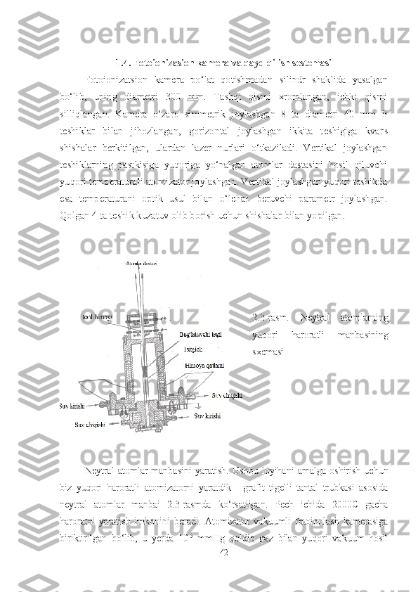 1 .4 . Fotoionizasion kamera va qayd qilish sestemasi
Fotoionizatsion   kamera   po‘lat   qotishmadan   s ilindr   shaklida   yasalgan
bo‘lib,   uning   diametri   300   mm.   Tashqi   qismi   xromlangan,   ichki   qismi
silliqlangan.   Kamera   o‘zaro   simmetrik   joylashgan   8   ta   diametri   40   mm   li
teshiklar   bilan   jihozlangan,   gorizontal   joylashgan   ikkita   teshigiga   kvar s
shishalar   b e rkitilgan,   ulardan   lazer   nurlari   o‘tkaziladi.   Vertikal   joylashgan
teshiklarning   pastkisiga   yuqoriga   yo‘nalgan   atomlar   dastasini   hosil   qiluvchi
yuqori temperaturali atomizator joylashgan. Vertikal joylashgan yuqori teshikda
esa   temperaturani   optik   usul   bilan   o‘lchab   beruvchi   parametr   joylashgan.
Qolgan 4 ta teshik kuzatu v olib borish uchun  shishalar  bilan yopilgan. 
2.3-rasm.   Neytral   atomlarning
yuqori   haroratli   manbasining
sxemasi
Neytral   atomlar   manbasini   yaratish.   Ushbu   loyihani   amalga   oshirish   uchun
biz   yuqori   haroratli   atomizatorni   yaratdik   -   grafit   tigelli   tantal   trubkasi   asosida
neytral   atomlar   manbai   2.3-rasmda   ko ‘ rsatilgan.   Pech   ichida   2000C   gacha
haroratni   yaratish   imkonini   beradi.   Atomizator   vakuumli   fotoionlash   kamerasiga
biriktirilgan   bo ‘ lib,   u   yerda   10 -5
  mmHg   qoldiq   gaz   bilan   yuqori   vakuum   hosil
42 