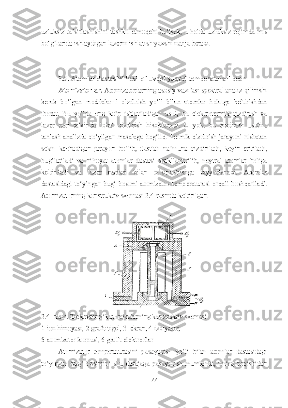 uzluksiz  ta’sirlashishini   tashkil   etmoqchi  bo‘lsak,  u  holda uzluksiz  rejimda  mis
bo‘g‘larida ishlaydigan lazerni ishlatish yaxshi natija beradi.
1.5. Atomlar dastasini hosil qiluvchi yuqori temperaturali pech
Atomizatorlar.  Atomizatorlarning asosiy vazifasi spektral analiz qilinishi
kerak   bo‘lgan   moddalarni   qizdirish   yo‘li   bilan   atomlar   holatga   keltirishdan
iborat.   Bu   yo‘lda   eng   ko‘p   ishlatiladigan   usul,   bu   elektrotermik   qizdirish   va
lazer   nuri   ta’sirida   lokal   qizdirish   hisoblanadi.   U   yoki   bu   qizdirish   usulini
tanlash analizda qo‘yilgan masalaga bog‘liq. Termik qizdirish jarayoni nisbatan
sekin   kechadigan   jarayon   bo‘lib,   dastlab   na’muna   qizdiriladi,   keyin   eritiladi,
bug‘latiladi   va   nihoyat   atomlar   dastasi   shakllantirilib,   neytral   atomlar   holiga
keltiriladi   va   lazer   nurlari   bilan   ta’sirlashishga   tayyorlanadi.   Atomlar
dastasidagi  to‘yingan bug‘  bosimi  atomizator  t emperaturasi  orqali  boshqariladi.
Atomizatorning konstruktiv sxemasi  2. 4-rasmda  keltirilgan. 
2.4-  rasm . Elektrotermik atomizatorning konstruktiv sxemasi
1-ion himoyasi, 2-grafit tigel, 3- ekran, 4-izolyator,
5-atomizator korpusi,   6-grafit  elektrodlar
Atomizator   temperaturasini   pasaytirish   yo‘li   bilan   atomlar   dastasidagi
to‘yingan   bug‘   bosimini   shu   darajaga   pasaytirish   mumkinki,   uning   tirqishidan
44 