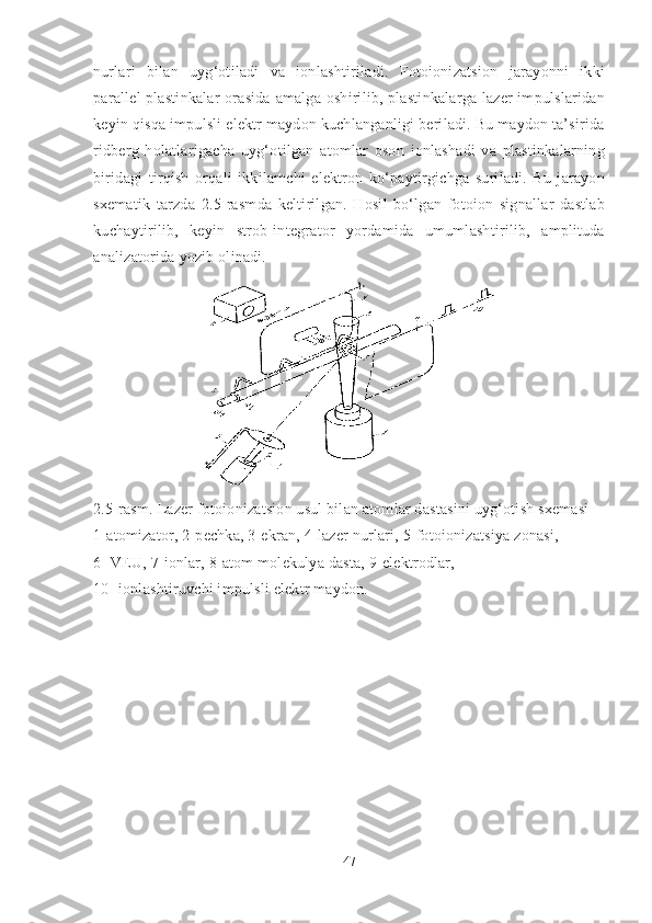 nurlari   bilan   uyg‘otiladi   va   ionlashtiriladi.   Fotoionizatsion   jarayonni   ikki
parallel plastinkalar orasida amalga oshirilib, plastinkalarga lazer impulslaridan
keyin qisqa impulsli elektr maydon kuchlanganligi beriladi. Bu maydon ta’sirida
ridberg   holatlarigacha   uyg‘otilgan   atomlar   oson   ionlashadi   va   plastinkalarning
biridagi   tirqish   orqali   ikkilamchi   elektron   ko‘paytirgichga   suriladi.   Bu   jarayon
sxematik   tarzda   2.5- rasmda   keltirilgan.   Hosil   bo‘lgan   fotoion   signallar   dastlab
kuchaytirilib,   keyin   strob-integrator   yordamida   umumlashtirilib,   amplituda
analizatorida yozib olinadi. 
2.5-rasm . Lazer fotoionizatsion usul bilan atomlar dastasini uyg‘otish sxemasi  
1-atomizator, 2-pechka, 3-ekran, 4-lazer nurlari, 5-fotoionizatsiya zonasi, 
6- VEU, 7-ionlar, 8-atom molekulya dasta, 9-elektrodlar,
10- ionlashtiruvchi impulsli elektr maydon.
47 