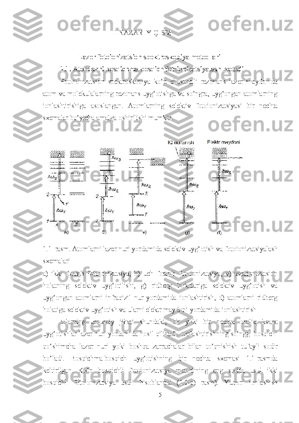 I NAZARIY QISM
L azer fotoionizatsion spektro skopiya metodlari
1.1. Atomlarni bosqichma-bosqich fotoionizatsiyalash metodi
Fotoionizatsion   spektroskopiya   ko‘p   chastotali   rezonans   lazer   maydonida
atom va molekulalarning rezonans uyg‘otishga va so‘ngra, uyg‘ongan atomlarning
ionlashtirishiga   asoslangan.   Atomlarning   selektiv   fotoionizatsiyasi   bir   nechta
sxemalar bo‘yicha amalga oshirilishi mumkin.
1.1–rasm . Atomlarni lazer nuri yordamida selektiv uyg‘otish va  fotoionizatsiyalash
sxemalari
a)   ikki   fotonli   fotoionizatsiya,   b)   uch   fotonli   fotoionizatsiya,   v)   avtoionizatsion
holatning   selektiv   uyg‘otilishi,   g)   ridberg   holatlariga   selektiv   uyg‘otish   va
uyg‘ongan   atomlarni   infraqizil   nur   yordamida   ionlashtirish,   d)   atomlarni   ridberg
holatiga selektiv uyg‘otish va ularni elektr maydoni yordamida ionlashtirish
Ularning   umumiy   jihati   shundaki,   bir   yoki   bir   nechta   oraliq   kvant
uyg‘otishlar lazer nuri yordamida hosil qilinadi. Ionlashtirishning so‘nggi bosqichi
qo‘shimcha   lazer   nuri   yoki   boshqa   zarrachalar   bilan   to‘qnishish   tufayli   sodir
bo‘ladi.   Bosqichma-bosqich   uyg‘otishning   bir   nechta   sxemasi   1.1-rasmda
keltirilgan .   Ko‘p   bosqichli   fotoionizatsiya   metodining   eng   sodda   usul   ikki
bosqichli   fotoionizatsiya   usuli   hisoblanadi   (1.1-a)   rasm).   Yuqori   ionlashish
5 