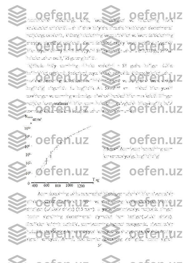 Fotoionlanish   spektrlariga   ko ‘ ra,   kvant   defektlari   va   holatlarning   nozik
strukturalari   aniqlandi.   Uch   o ‘ lchov   bo ‘ yicha   o ‘ rtacha   hisoblangan   eksperimental
natijalarga asoslanib, Ridberg holatlarining kvant o ‘ tishlari va kvant defektlarining
energiya   qiymatlari   aniqlandi.   Kvant   defektlari   asosiy   kvant   sonining   o ‘ zgarishi
bilan deyarli doimiy bo ‘ lib qoldi, ya’ni  5p 2
P
1/2  holatlar uchun ular 3,225 ga, 5p 2
P
3/2 -
holatlar uchun esa 3,195 ga teng bo‘ldi.
Tajribada   indiy   atomining   P-holat   spektrini   n=53   gacha   bo ‘ lgan   dublet
bo ‘ linishlari aniqlandi. Spektrlarni qayta ishlash natijasida Ridberg holatlari uchun
nozik   strukturaning   dubletlararo   bo linishi   o lchandi   va   uning   bosh   kvant   sonigaʻ ʻ
bog liqligi   o rganildi.   Bu   bog	
ʻ ʻ ‘ liqlik    Е =5900/n* 3
  sm   -1
  nisbati   bilan   yaxshi
tasvirlangan va atomning vodorodga   o ‘ xshash harakati bilan mos keladi. Olingan
natijalar   lazer   n urlanis hi   bilan   atom   holatlarini   qo ‘ zg ‘ atish   bilan   bog ‘ liq   ba’zi
texnologik muammolarni hal qilish uchun ishlatilishi mumkin.
3.5-rasm Atomizator haroratining atom
konsentratsiyasiga bog ‘ liqliqligi
Atom dastasining ushbu parametrlari bilan lazer nurlanishi bilan o ‘ zaro ta’sir
qilish   hududida   bug ‘lanish   bosimi   va   atomlarning   kontsentratsiyasi   hisoblab
chiqilgan   (uzluksiz   chiziq)   (3.5-rasm).   U   yerda   fotoionizatsiya   natijasida   olingan
fotoion   signalining   eksperimental   qiymatlari   ham   berilgan(uzlukli   chiziq).
Grafikdan   ko‘rinib   turibdiki,   atomizatorning   harorati   pasayganda,   o‘zaro   ta’sir
hududida atomlarning konsentratsiyasi  kamayadi  va shunga  mos ravishda  fotoion
signali   kamayadi.   Ammo,   past   atomlar   dastasining   zichligida,   fotoion   signali
54 