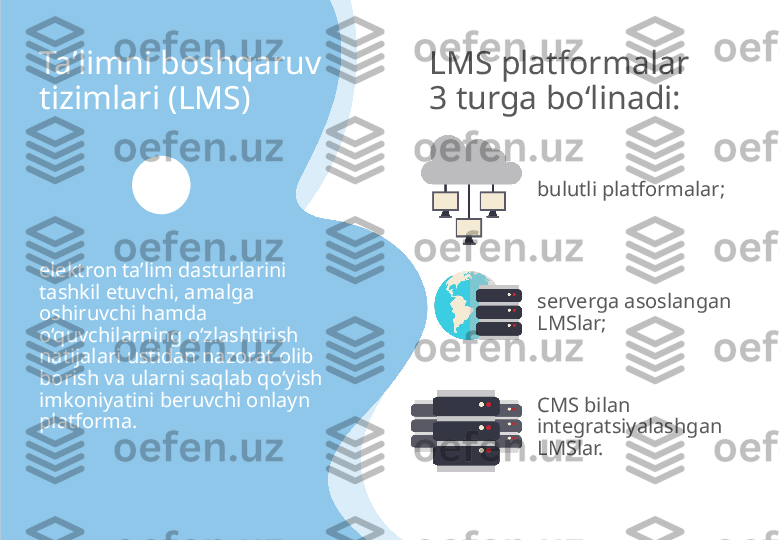 Ta’limni boshqaruv 
tizimlari (LMS) 
elektron ta’lim dasturlarini 
tashkil etuvchi, amalga 
oshiruvchi hamda 
o‘quvchilarning o‘zlashtirish 
natijalari ustidan nazorat olib 
borish va ularni saqlab qo‘yish 
imkoniyatini beruvchi onlayn 
platforma.  LMS platformalar 
3 turga bo‘linadi: 
bulutli platformalar;
serverga asoslangan 
LMSlar;
CMS bilan 
integratsiyalashgan 
LMSlar. 