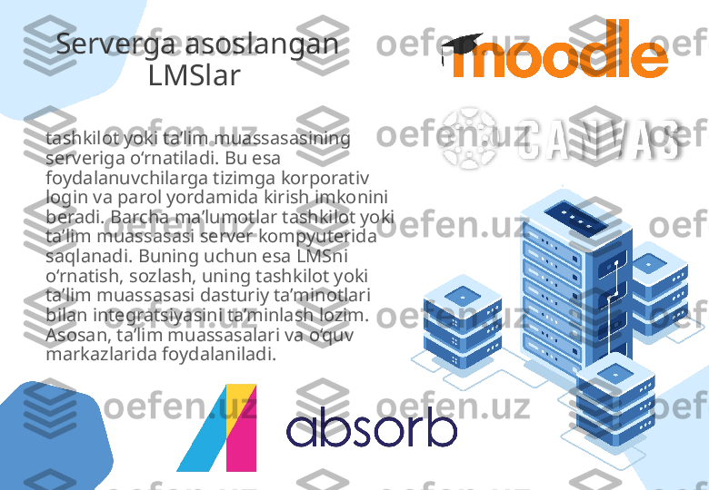 Serverga asoslangan 
LMSlar 
tashkilot yoki ta’lim muassasasining 
serveriga o‘rnatiladi. Bu esa 
foydalanuvchilarga tizimga korporativ 
login va parol yordamida kirish imkonini 
beradi. Barcha ma’lumotlar tashkilot yoki 
ta’lim muassasasi server kompyuterida 
saqlanadi. Buning uchun esa LMSni 
o‘rnatish, sozlash, uning tashkilot yoki 
ta’lim muassasasi dasturiy ta’minotlari 
bilan integratsiyasini ta’minlash lozim. 
Asosan, ta’lim muassasalari va o‘quv 
markazlarida foydalaniladi.   