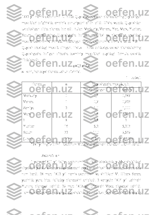 1772  yil   nemis   astronomii   E.  Bode   Quyoshga   nisbatan   planetalarning   joylashgan
masofalari   to’g’risida   empirik   qonuniyatni   e’lon   qildi.   O’sha   vaqtda   Quyoshdan
uzoqlashgan   oltita   planeta   bor   edi.   Bular:   Merkuriy,   Venera,   Yer,   Mars,   Yupiter,
Saturn.   Planetalarning   Quyoshgacha   bo’lgan   masofasi   va   planetalar   orasidagi
masofa   astronomik   birlikda   ifodalangan   bo’lib,   astronomik   birlik   sifatida   Yer   –
Quyosh  orasidagi   masofa  olingan.  Tisius  –  Bode   qoidasiga   asosan   planetalarning
Quyoshgacha   bo’lgan   o’rtacha   taxminiy   masofalari   quyidagi   formula   asosida
ifodalanadi:a=0,3	n+0,4
n  –soni, har qaysi planeta uchun o’ziniki.
1 – Jadval.
Planeta n   Quyoshgacha masofa, a.b.
Hisoblangan Haqiqiy
Merkuriy
Venera
Zemlya
Mars
?
Yupiter
Saturn
(Uran) 0
1
2
4
8
16
32
(64) 0,4
0,7
1,0
1,6
2,8
5,2
10,0
(19,6) 0,387
0,723
1,000
1,524
?
5,203
9,539
(19,191)
1781 yil ingliz olimi – astronom V.Gershel yettinchi planetani Uranni ochdi.
   
   Asteroidlar
1  yanvar   1801  yil   italiya   astronomii   Dj.Piasii   teleskopda   yulduz   shaklidagi
obyekt, 7 yulduz o’lchamidagi planetani qayd qildi. Piasii bu planetaga Serera deb
nom   berdi.   28   mart   1802   yil   nemis   astronomii   va   shifokori   V.   Olbers   Serera
yaqinida   yana   bitta   Palladey   planetasini   aniqladi.   2   sentyabr   1804   yil   uchinchi
Yunona   planetasi   ochildi.   29   mart   1807   yil   to’rtinchi   Vesta   planetasi   ochildi.
Hamma ochilgan planetalar yulduz shaklida edi. Bu fazo jismlari kichik planetalar 
