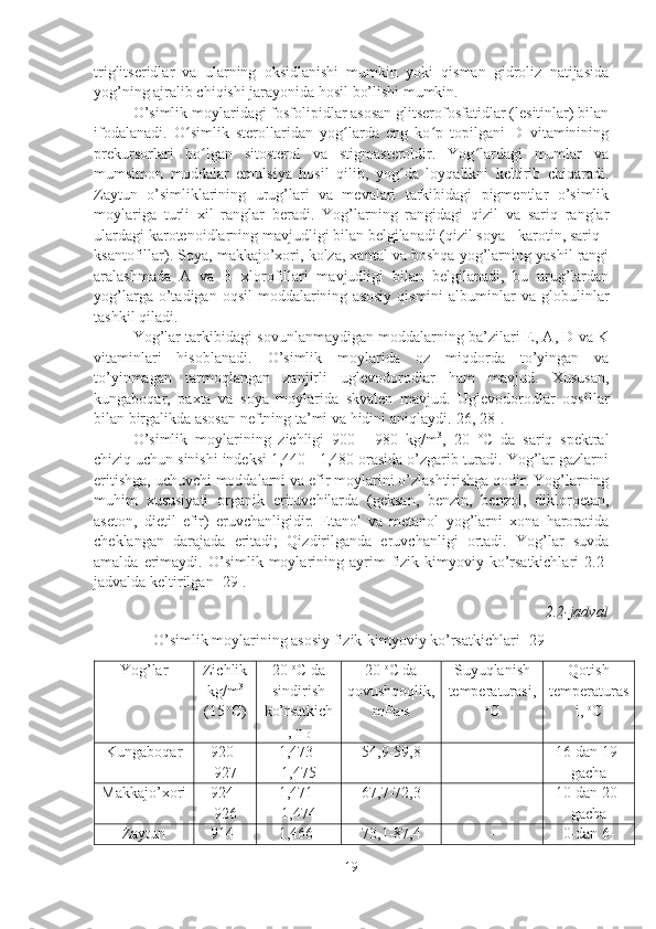 triglitseridlar   va   ularning   oksidlanishi   mumkin   yoki   qisman   gidroliz   natijasida
yog’ning ajralib chiqishi jarayonida hosil bo’lishi mumkin. 
O’simlik moylaridagi fosfolipidlar asosan glitserofosfatidlar (lesitinlar) bilan
ifodalanadi.   O simlik   sterollaridan   yog larda   eng   ko p   topilgani   D   vitamininingʻ ʻ ʻ
prekursorlari   bo lgan   sitosterol   va   stigmasteroldir.   Yog lardagi   mumlar   va	
ʻ ʻ
mumsimon   moddalar   emulsiya   hosil   qilib,   yog da   loyqalikni   keltirib   chiqaradi.	
ʻ
Zaytun   o’simliklarining   urug’lari   va   mevalari   tarkibidagi   pigmentlar   o’simlik
moylariga   turli   xil   ranglar   beradi.   Yog’larning   rangidagi   qizil   va   sariq   ranglar
ulardagi karotenoidlarning mavjudligi bilan belgilanadi (qizil soya - karotin, sariq -
ksantofillar). Soya, makkajo’xori, kolza, xantal va boshqa yog’larning yashil rangi
aralashmada   A   va   B   xlorofillari   mavjudligi   bilan   belgilanadi,   bu   urug’lardan
yog’larga  o’tadigan  oqsil  moddalarining  asosiy   qismini  albuminlar   va  globulinlar
tashkil qiladi. 
Yog’lar tarkibidagi sovunlanmaydigan moddalarning ba’zilari E, A, D va K
vitaminlari   hisoblanadi.   O’simlik   moylarida   oz   miqdorda   to’yingan   va
to’yinmagan   tarmoqlangan   zanjirli   uglevodorodlar   ham   mavjud.   Xususan,
kungaboqar,   paxta   va   soya   moylarida   skvalen   mavjud.   Uglevodorodlar   oqsillar
bilan birgalikda asosan neftning ta’mi va hidini aniqlaydi.[26, 28].
O’simlik   moylarining   zichligi   900   -   980   kg/m 3
,   20   °C   da   sariq   spektral
chiziq uchun sinishi indeksi 1,440 - 1,480 orasida o’zgarib turadi. Yog’lar gazlarni
eritishga, uchuvchi moddalarni va efir moylarini o’zlashtirishga qodir. Yog’larning
muhim   xususiyati   organik   erituvchilarda   (geksan,   benzin,   benzol,   dikloroetan,
aseton,   dietil   efir)   eruvchanligidir.   Etanol   va   metanol   yog’larni   xona   haroratida
cheklangan   darajada   eritadi;   Qizdirilganda   eruvchanligi   ortadi.   Yog’lar   suvda
amalda   erimaydi.   O’simlik   moylarining  ayrim   fizik-kimyoviy   ko’rsatkichlari   2.2-
jadvalda keltirilgan [29].
2.2-jadval
O’simlik moylarining asosiy fizik-kimyoviy ko’rsatkichlari [29]
Yog’lar Zichlik
kg/m 3
(15  o
C) 20  o
C da
sindirish
ko’rsatkich
, n
D 20  o
C da
qovushqoqlik,
mPa·s Suyuqlanish
temperaturasi,
o
C Qotish
temperaturas
i,  o
C
Kungaboqar 920-
927 1,473-
1,475 54,9-59,8 - 16-dan 19-
gacha
Makkajo’xori 924-
926 1,471-
1,474 67,7-72,3 - 10-dan 20-
gacha
Zaytun 914- 1,466- 73,1-87,4 - 0-dan 6-
19 