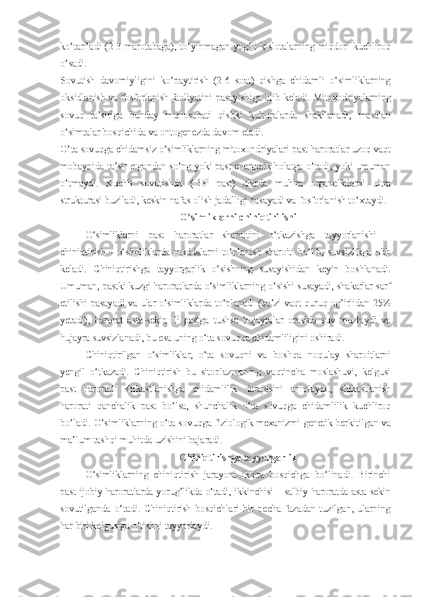 ko‘tariladi (2-3 marotabaga), to‘yinmagan yog’li kislotalarning miqdori kuchliroq
o‘sadi.
Sovutish   davomiyligini   ko‘paytirish   (2-6   soat)   qishga   chidamli   o‘simliklarning
oksidlanish va fosforlanish faoliyatini pasayishiga olib keladi. Mitoxodriyalarning
sovuq   ta’siriga   bunday   munosabati   qishki   kulturalarda   shakllanadi,   masalan
o‘simtalar bosqichida va ontogenezda davom etadi. 
O‘ta sovuqga chidamsiz o‘simliklarning mitoxondriyalari past haroratlar uzoq vaqt
mobaynida ta’sir etgandan so‘ng yoki past energetik holatga o‘tadi, yoki umuman
o‘tmaydi.   Kuchli   sovutishda   (-18 0  
past)   ularda   muhim   organellalarni   ultra
strukturasi buziladi, keskin nafas olish jadalligi pasayadi va fosforlanish to‘xtaydi. 
O‘simliklarni chiniqtirilishi
O‘simliklarni   past   haroratlar   sharoitini   o‘tkazishga   tayyorlanishi   –
chiniqtirish – o‘simliklarda moddalarni  to‘planish sharoiti  bo‘lib, suvsizlikga olib
keladi.   Chiniqtirishga   tayyorgarlik   o‘sishning   susayishidan   keyin   boshlanadi.
Umuman, pastki kuzgi haroratlarda o‘simliklarning o‘sishi susayadi, shakarlar sarf
etilishi pasayadi va ular o‘simliklarda to‘planadi (ba’zi vaqt quruq og’irlidan 25%
yetadi),   harorat   asta-sekin   0 0  
pastga   tushsa   hujayralar   orasida   suv   muzlaydi   va
hujayra suvsizlanadi, bu esa uning o‘ta sovuqqa chidamliligini oshiradi.
Chiniqtirilgan   o‘simliklar,   o‘ta   sovuqni   va   boshqa   noqulay   sharoitlarni
yengil   o‘tkazadi.   Chiniqtirish   bu   sitoplazmaning   vaqtincha   moslashuvi,   kelgusi
past   haroratli   shikastlanishga   chidamlilik   darajasini   aniqlaydi.,   shikastlanish
harorati   qanchalik   past   bo‘lsa,   shunchalik   o‘ta   sovuqga   chidamlilik   kuchliroq
bo‘ladi. O‘simliklarning o‘ta sovuqga fiziologik mexanizmi genetik berkitilgan va
ma’lum tashqi muhitda uzishini bajaradi.
Chiniqtirishga tayyorgarlik
O‘simliklarning   chiniqtirish   jarayoni   ikkita   bosqichga   bo‘linadi.   Birinchi
past ijobiy haroratlarda yorug’likda o‘tadi, ikkinchisi – salbiy haroratda asta sekin
sovutilganda   o‘tadi.   Chiniqtirish   bosqichlari   bir   necha   fazadan   tuzilgan,   ularning
har biri kelgusiga o‘tishni tayyorlaydi. 
