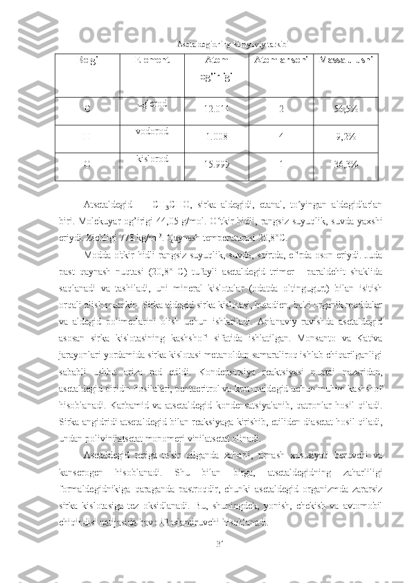 Asetaldegidning kimyoviy tarkibi
Belgi Element  Atom
og'irligi Atomlar soni Massa ulushi
C uglerod
12.011 2 54,5%
H vodorod
1.008 4 9,2%
O kislorod
15.999 1 36,3%
Atsetaldegid   —   CH ₃ CHO,   sirka   aldegidi,   etanal,   to yingan   aldegidlarlanʻ
biri. Molekuyar  og’irigi  44,05 g/mol. O tkir  hidli, rangsiz suyuqlik,  suvda yaxshi	
ʻ
eriydi. Zichligi 778 kg/m  3
. Qaynash temperaturasi 20,8°C.    
Modda o'tkir hidli rangsiz suyuqlik, suvda, spirtda, efirda oson eriydi. Juda
past   qaynash   nuqtasi   (20,8°   C)   tufayli   asetaldegid   trimer   -   paraldehit   shaklida
saqlanadi   va   tashiladi,   uni   mineral   kislotalar   (odatda   oltingugurt)   bilan   isitish
orqali olish mumkin. Sirka aldegid sirka kislotasi, butadien, ba'zi organik moddalar
va   aldegid   polimerlarini   olish   uchun   ishlatiladi.   An'anaviy   ravishda   asetaldegid
asosan   sirka   kislotasining   kashshofi   sifatida   ishlatilgan.   Monsanto   va   Kativa
jarayonlari yordamida sirka kislotasi metanoldan samaraliroq ishlab chiqarilganligi
sababli   ushbu   ariza   rad   etildi.   Kondensatsiya   reaktsiyasi   nuqtai   nazaridan,
asetaldegid piridin hosilalari, pentaeritrol va krotonaldegid uchun muhim kashshof
hisoblanadi.   Karbamid   va   atsetaldegid   kondensatsiyalanib,   qatronlar   hosil   qiladi.
Sirka angidridi atsetaldegid bilan reaksiyaga kirishib, etiliden diasetat hosil qiladi,
undan polivinilatsetat monomeri vinilatsetat olinadi.
Asetaldegid   teriga   ta'sir   qilganda   zaharli,   tirnash   xususiyati   beruvchi   va
kanserogen   hisoblanadi.   Shu   bilan   birga,   atsetaldegidning   zaharliligi
formaldegidnikiga   qaraganda   pastroqdir,   chunki   asetaldegid   organizmda   zararsiz
sirka   kislotasiga   tez   oksidlanadi.   Bu,   shuningdek,   yonish,   chekish   va   avtomobil
chiqindisi natijasida havo ifloslantiruvchi hisoblanadi. 
31 