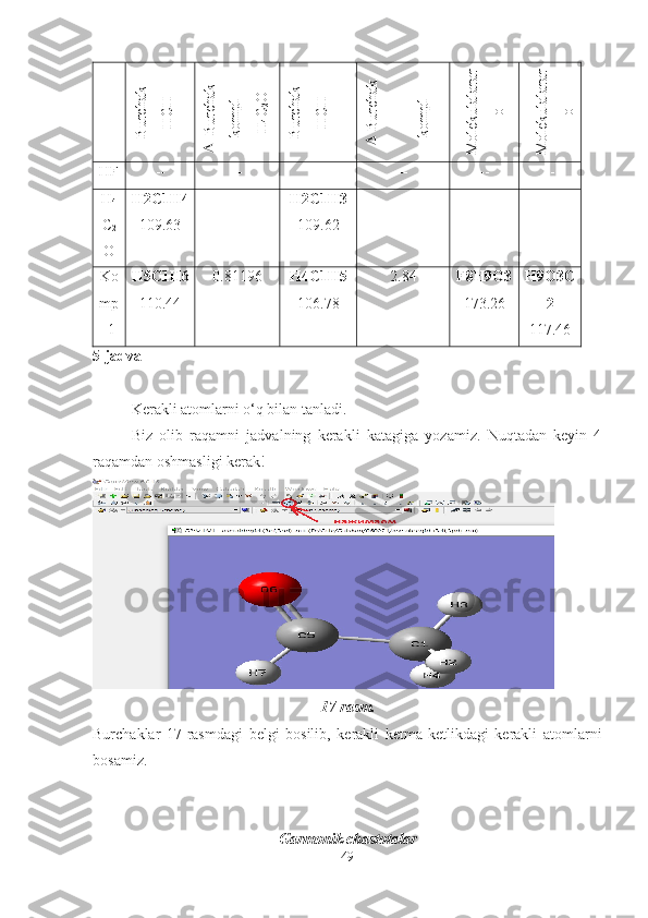 Burchak	
Н
СН	
  Burchak =	
kom
pl –	
H
4C2O	
Burchak	
H
CH	
 Burchak	
=	
kom
pl –	
H
4C2O	
M
olekulalarar	
o	
 Burchak 1	
M
olekulalarar	
oHF -- -- -- -- -- --
H
4
C
2
O H2C1H4
109.63 -- H2C1H3
109.62 -- -- --
Ko
mp
-1 H5C1H6
110.44 0.81196 H4C1H5
106.78 2.84 F8H9O3
173.26 H9O3C
2
117.46
5-jadval
Kerakli atomlarni o‘q bilan tanladi.
Biz   olib   raqamni   jadvalning   kerakli   katagiga   yozamiz.   Nuqtadan   keyin   4
raqamdan oshmasligi kerak!  
17-rasm.
Burchaklar   17-rasmdagi   belgi   bosilib,   kerakli   ketma-ketlikdagi   kerakli   atomlarni
bosamiz. 
Garmonik chastotalar
49 