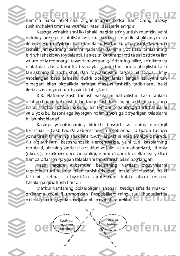 hamma   narsa   atroflicha   o‘rganilmagan   bo‘lsa   ham   uning   asosiy
tushunchalari tizimi va vazifalari etarli darajada aniqdir. 
Kasbga yo‘naltirishni ikki shakli haqida so‘z yuritish mumkin, ya’ni
o‘zining   amalga   oshirilishi   bo‘yicha   stixiyali   empirik   shakllangan   va
ilmiy   asosga   qo‘yilgan   kasb   tanglash.   Ma’lumki,   uzoq   vaqt   davomida
kishilik   jamiyatining   birinchi   qadamlarida   amaliyot   kasb   tanlashning
birinchi shakldan foydalandi. Fan-texnika taraqqiyoti ta’siri ostida ta’lim
va umumiy mehnatga tayyorlanayotgan qadrlarning bilim, ko‘nikma va
malakalari   dasturlarni   tez-tez   qayta   qarab   chiqishni   talab   qilishi   kasb
tanlashning   birinchi   shaklidan   foydalanishni   taqozo   etmoqda.   Ilmiy
asoslangan   kasb   tanlash,   xuddi   boshqa   fanlar   singari   stixiyani   tan
olmagani   bilan   birgalikda   nafaqat   maxsus   tashkiliy   tadbirlarni,   balki
ilmiy asoslangan nazariyasini talab qiladi. 
K.K.   Platonov   kasb   tanlash   vazifasini   hal   qilishni   kasb   tanlash
uchburchagini hal qilish bilan taqqoslash lozimligini taklif qilgan. Unga
ko‘ra,   mazkur   uchburchakning   bir   tomoni   organizmga   turli   kasblarni
va u yoki bu kasbni egallayotgan odam shaxsiga qo‘yadigan talablarni
bilish hisoblanadi. 
Kasbga   yo‘naltirishning   birinchi   bosqichi   va   uning   mustaqil
tizimchasi   –   kasb   haqida   axborot   berish   hisoblanadi.   U   butun   kasbga
yo‘naltirish   tizimining   shakllantiruvchi   aspektini   aniq   amalga   oshiradi.
Bu   o‘quvchilarni   kasbshunoslik   elementlariga,   ya’ni   turli   kasblarning
mohiyati, ularning jamiyat va qishloq xo‘jaligi uchun ahamiyati, ijtimoiy
(obro‘si),   texnikaviy   qurollanganligi,   ularni   o‘rganish   usullari   va   yo‘llari
hamda odamga qo‘ygan talablarini tanishtirish bilan bog‘langan.  
Kasb   haqida   axborotlar   berishning   vazifasi   o‘quvchilarni
faqatgina   turli   kasblar   bilan   tanishtirishdan   iborat   bo‘lmasdan,   balki
ta’limni   mehnat   tarbiyasidan   ajratmagan   holda   ularni   mazkur
kasblarga qiziqtirish hamdir.
Mazkur   vazifaning   dolzarbligini   ishonarli   tasdig‘i   sifatida   mazkur
qo‘llanma   muallifi   tomonidan   Respublikamizning   turli   hududlarida
o‘tkazilgan tadqiqotlar natijalarini ko‘rsatish mumkin. 
Касблар, 
уларнинг 
талаблар
и Меќнат 
бозори  