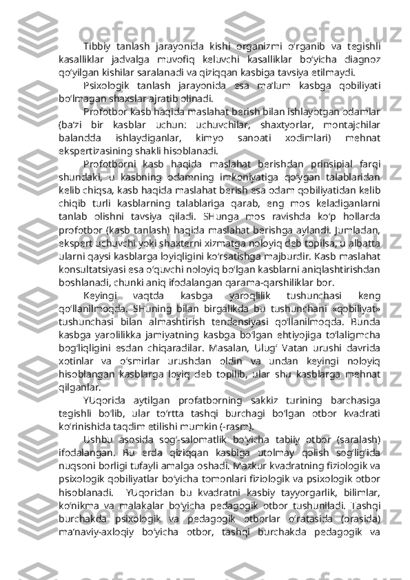 Tibbiy   tanlash   jarayonida   kishi   organizmi   o‘rganib   va   tegishli
kasalliklar   jadvalga   muvofiq   keluvchi   kasalliklar   bo‘yicha   diagnoz
qo‘yilgan kishilar saralanadi va qiziqqan kasbiga tavsiya etilmaydi. 
Psixologik   tanlash   jarayonida   esa   ma’lum   kasbga   qobiliyati
bo‘lmagan shaxslar ajratib olinadi. 
Profotbor kasb haqida maslahat berish bilan ishlayotgan odamlar
(ba’zi   bir   kasblar   uchun:   uchuvchilar,   shaxtyorlar,   montajchilar
balandda   ishlaydiganlar,   kimyo   sanoati   xodimlari)   mehnat
ekspertizasining shakli hisoblanadi. 
Profotborni   kasb   haqida   maslahat   berishdan   prinsipial   farqi
shundaki,   u   kasbning   odamning   imkoniyatiga   qo‘ygan   talablaridan
kelib chiqsa, kasb haqida maslahat berish esa odam qobiliyatidan kelib
chiqib   turli   kasblarning   talablariga   qarab,   eng   mos   keladiganlarni
tanlab   olishni   tavsiya   qiladi.   SHunga   mos   ravishda   ko‘p   hollarda
profotbor  (kasb   tanlash)  haqida   maslahat   berishga   aylandi.   Jumladan,
ekspert uchuvchi yoki shaxterni xizmatga noloyiq deb topilsa, u albatta
ularni qaysi kasblarga loyiqligini ko‘rsatishga majburdir. Kasb maslahat
konsultatsiyasi esa o‘quvchi noloyiq bo‘lgan kasblarni aniqlashtirishdan
boshlanadi, chunki aniq ifodalangan qarama-qarshiliklar bor. 
Keyingi   vaqtda   kasbga   yaroqlilik   tushunchasi   keng
qo‘llanilmoqda.   SHuning   bilan   birgalikda   bu   tushunchani   «qobiliyat»
tushunchasi   bilan   almashtirish   tendensiyasi   qo‘llanilmoqda.   Bunda
kasbga   yarolilikka   jamiyatning   kasbga   bo‘lgan   ehtiyojiga   to‘laligmcha
bog‘liqligini   esdan   chiqaradilar.   Masalan,   Ulug‘   Vatan   urushi   davrida
xotinlar   va   o‘smirlar   urushdan   oldin   va   undan   keyingi   noloyiq
hisoblangan   kasblarga   loyiq   deb   topilib,   ular   shu   kasblarga   mehnat
qilganlar. 
YUqorida   aytilgan   profatborning   sakkiz   turining   barchasiga
tegishli   bo‘lib,   ular   to‘rtta   tashqi   burchagi   bo‘lgan   otbor   kvadrati
ko‘rinishida taqdim etilishi mumkin (-rasm).
Ushbu   asosida   sog‘-salomatlik   bo‘yicha   tabiiy   otbor   (saralash)
ifodalangan.   Bu   erda   qiziqqan   kasbiga   utolmay   qolish   sog‘lig‘ida
nuqsoni borligi tufayli amalga oshadi. Mazkur kvadratning fiziologik va
psixologik qobiliyatlar bo‘yicha tomonlari fiziologik va psixologik otbor
hisoblanadi.     YUqoridan   bu   kvadratni   kasbiy   tayyorgarlik,   bilimlar,
ko‘nikma   va   malakalar   bo‘yicha   pedagogik   otbor   tushuniladi.   Tashqi
burchakda   psixologik   va   pedagogik   otborlar   o‘ratasida   (orasida)
ma’naviy-axloqiy   bo‘yicha   otbor,   tashqi   burchakda   pedagogik   va 