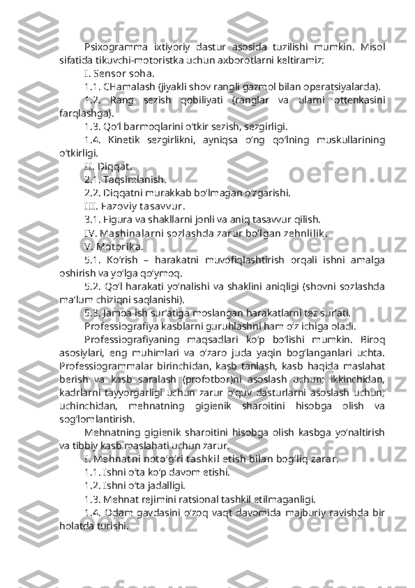 Psixogramma   ixtiyoriy   dastur   asosida   tuzilishi   mumkin.   Misol
sifatida tikuvchi-motoristka uchun axborotlarni keltiramiz:
I. Sensor soha.
1.1. CHamalash (jiyakli shov rangli gazmol bilan operatsiyalarda).
1.2.   Rang   sezish   qobiliyati   (ranglar   va   ularni   ottenkasini
farqlashga).
1.3. Qo‘l barmoqlarini o‘tkir sezish, sezgirligi.
1.4.   Kinetik   sezgirlikni,   ayniqsa   o‘ng   qo‘lning   muskullarining
o‘tkirligi.
II. Diqqat .
2.1. Taqsimlanish. 
2.2. Diqqatni murakkab bo‘lmagan o‘zgarishi.
III. Fazov iy  t asav v ur.
3.1. Figura va shakllarni jonli va aniq tasavvur qilish.
IV. Mashinalarni sozlashda zarur bo‘lgan zehnlilik .  
V. Mot orik a.
5.1.   Ko‘rish   –   harakatni   muvofiqlashtirish   orqali   ishni   amalga
oshirish va yo‘lga qo‘ymoq.
5.2.   Qo‘l   harakati   yo‘nalishi   va   shaklini   aniqligi   (shovni   sozlashda
ma’lum chiziqni saqlanishi).
5.3. Jamoa ish sur’atiga moslangan harakatlarni tez sur’ati.
Professiografiya kasblarni guruhlashni ham o‘z ichiga oladi.
Professiografiyaning   maqsadlari   ko‘p   bo‘lishi   mumkin.   Biroq
asosiylari,   eng   muhimlari   va   o‘zaro   juda   yaqin   bog‘langanlari   uchta.
Professiogrammalar   birinchidan,   kasb   tanlash,   kasb   haqida   maslahat
berish   va   kasb   saralash   (profotbor)ni   asoslash   uchun;   ikkinchidan,
kadrlarni   tayyorgarligi   uchun   zarur   o‘quv   dasturlarni   asoslash   uchun;
uchinchidan,   mehnatning   gigienik   sharoitini   hisobga   olish   va
sog‘lomlantirish.
Mehnatning   gigienik   sharoitini   hisobga   olish   kasbga   yo‘naltirish
va tibbiy kasb maslahati uchun zarur. 
I. Mehnat ni not o‘g‘ri t ashk il et ish bilan bog‘liq zarar. 
1.1. Ishni o‘ta ko‘p davom etishi.
1.2. Ishni o‘ta jadalligi.
1.3. Mehnat rejimini ratsional tashkil etilmaganligi.
1.4.   Odam   gavdasini   o‘zoq   vaqt   davomida   majburiy   ravishda   bir
holatda turishi. 