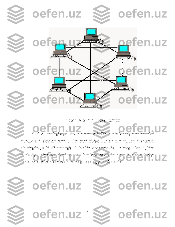 3-rasm. Mesh topologiyali tarmoq
Yulduzli topologiyaga asoslanga tarmoq bo’lib, bunda kompyuter tarmoqlari
markazida   joylashgan   tarmoq   elementni   o’ziga   ulangan   qurilmalarni   boshqarad.
Shuningdek, yulduzli topologiyada har  bir xost  markaziy qurilmaga ulanadi, bitta
markaziy qurilma xabarlarni uzatish uchun kanal vazifasini bajaradi. Bu topologiya
eng keng tarqalgan kompyuter tarmog'i topologiyalaridan biridir.
7 