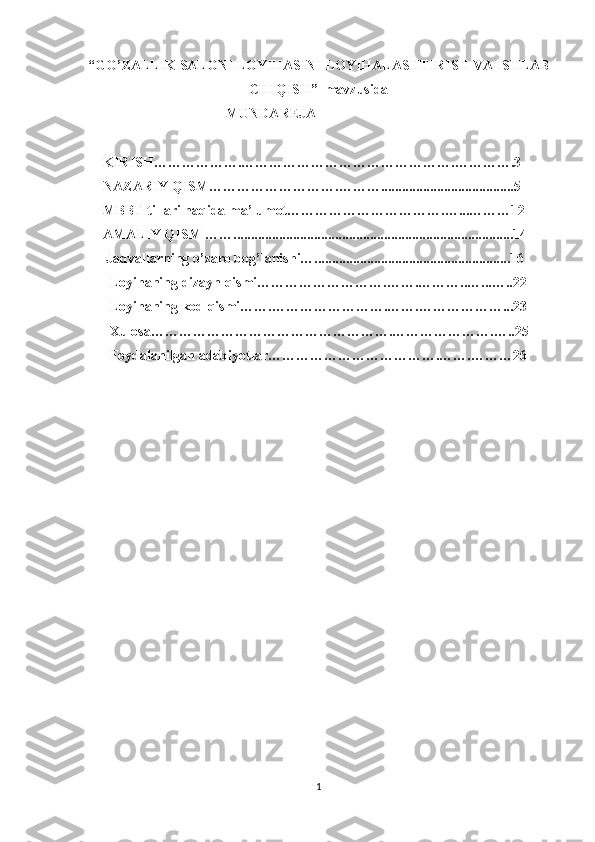 “GO’ZALLIK SALONI LOYIHASINI LOYIHALASHTIRISH VA ISHLAB
CHIQISH”  mavzusida
                     MUNDAREJA
KIRISH……………….……………………………………….………….3
NAZARIY QISM……………………….………......................................5         
      MBBT tillari haqida ma’lumot…………………………….…...………12
      AMALIY QISM ……................................................................................14
       Jadvallarning o’zaro bog’lanishi…........................................................16
        Loyihaning dizayn qismi……………………….…….………..…...…..22       
        Loyihaning kod qismi…….…………………….…….………………...23
        Xulosa…………………………………………….………………….…..25
        Foydalanilgan adabiyotlar……………………………….…….………26   
                                          
1 