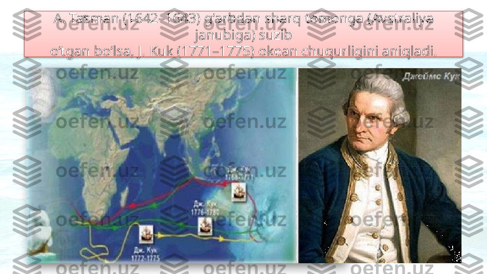 A. Tasman (1642–1643) g‘arbdan sharq tomonga (Avstraliya 
janubiga) suzib
o‘tgan bo‘lsa, J. Kuk (1771–1775) okean chuqurligini aniqladi.   