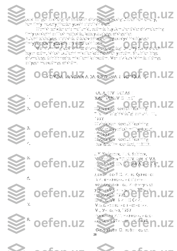 asosi bo`lgan boshlang`ich proeksion chizmachilik mashg`ulotlari ham amaliy, 
ham ilmiy–nazariy jihatdan yaxshi o`qitilishi shart. 
O`tmish tarixdan aniq ma`lumki, qadimda buyuk muhandislar chizmalarning
ilmiy asoslarini qo`llash natijasida, katta yutuqlarga erishganlar. 
Bularni talabalarga o`qitishda didaktiv prinsiplarning asosiysi hisoblangan– 
ilmiylik prinsipi yetakchi o`rin egallashi lozim. 
Men o`zimning kurs ishimda chizmachilik haqidagi umumiy tushunchalarni 
bayon etdim, ishlash usullarini misollar keltirish bilan yoritdim.  Shu bilan birga 
chizmalarga doir bir nechta misollarni ko`rsatdim. Men o`z kurs ishimda oldimga 
qo`ygan maqsadimga erishdim.
  
FOYDALANGAN ADABIYOTLAR RO’YXATI
1.  RA JAPOV ERGASH 
XAJIBAYEVICH.pdf
2. O` zb е kiston R е spublikasining 
“Ta`lim to`g`risida”gi qonuni. –T., 
1997. 
3.  O`zbеkiston Rеspublikasining 
Kadrlar tayyorlash milliy dasturi. 
T., 1997. 
4.  O`zbеkiston Rеspublikasining 
Davlat ta`lim standarti, T.2003. 
5.  J.Y.Yodgorov, F .R. Sobirov, 
NJ.Yodgorov “GEOMETRIK VA 
PROYEKSION CHIZMACHILIK”
T–2007 
6.  Дембинский С. И. ва Кузменко 
В.И. «Чизмачилик o`qитиш 
методикаси» пед. Институтлар 
учун qайта ишланган. 2-нашр 
таржима Т-1973 
7.  С. И. Д ЕМ Б И НСКИЙ. 
Моделирование в черчении. 
М., Учпедгиз, 1957 
8.  Раҳмонов И.Т. Чизмачиликдан 
дидактик ўйинлар – Т- 1992. 
Қирғизбоев Ю. ва бошқалар. 
28 