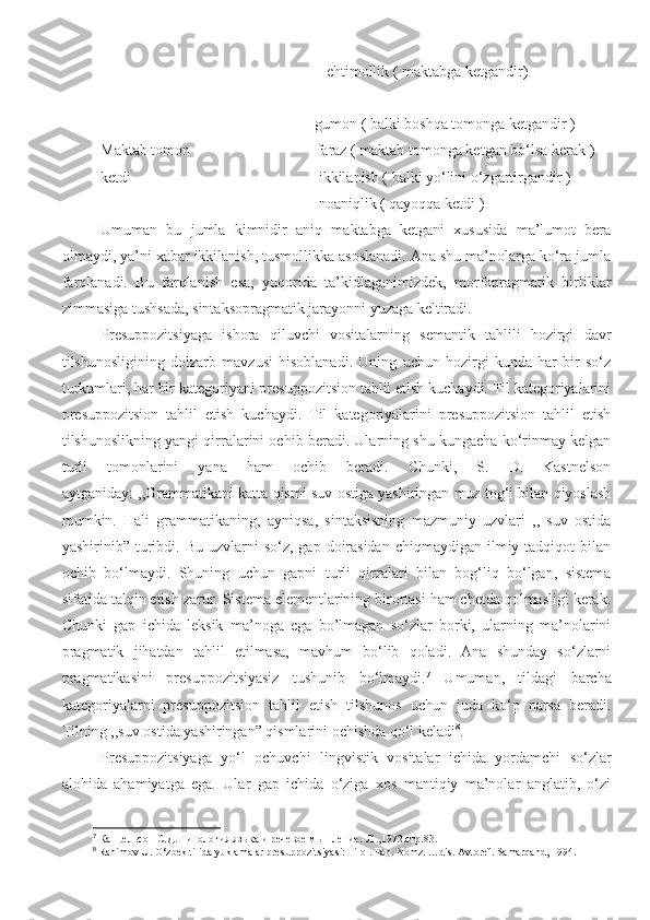                                                             ehtimollik ( maktabga ketgandir) 
                            
                                                         gumon ( balki boshqa tomonga ketgandir ) 
Maktab tomon                                 faraz ( maktab tomonga ketgan bo‘lsa kerak ) 
ketdi                                                 ikkilanish ( balki yo‘lini o‘zgartirgandir ) 
                                                          noaniqlik ( qayoqqa ketdi ) 
Umuman   bu   jumla   kimnidir   aniq   maktabga   ketgani   xususida   ma’lumot   bera
olmaydi, ya’ni xabar ikkilanish, tusmollikka asoslanadi. Ana shu ma’nolarga ko‘ra jumla
farqlanadi.   Bu   farqlanish   esa,   yuqorida   ta’kidlaganimizdek,   morfopragmatik   birliklar
zimmasiga tushsada, sintaksopragmatik jarayonni yuzaga keltiradi. 
Presuppozitsiyaga   ishora   qiluvchi   vositalarning   semantik   tahlili   hozirgi   davr
tilshunosligining   dolzarb   mavzusi   hisoblanadi.   Uning   uchun   hozirgi   kunda   har   bir   so‘z
turkumlari, har bir kategoriyani presuppozitsion tahlil etish kuchaydi. Til kategoriyalarini
presuppozitsion   tahlil   etish   kuchaydi.   Til   kategoriyalarini   presuppozitsion   tahlil   etish
tilshunoslikning yangi qirralarini ochib beradi. Ularning shu kungacha ko‘rinmay kelgan
turli   tomonlarini   yana   ham   ochib   beradi.   Chunki,   S.   D.   Kastnelson
aytganiday: ,,Grammatikani katta qismi suv ostiga yashiringan muz tog‘i bilan qiyoslash
mumkin.   Hali   grammatikaning,   ayniqsa,   sintaksisning   mazmuniy   uzvlari   ,,   suv   ostida
yashirinib” turibdi. Bu  uzvlarni  so‘z,  gap  doirasidan   chiqmaydigan ilmiy  tadqiqot   bilan
ochib   bo‘lmaydi.   Shuning   uchun   gapni   turli   qirralari   bilan   bog‘liq   bo‘lgan,   sistema
sifatida talqin etish zarur. Sistema elementlarining birortasi ham chetda qolmasligi kerak.
Chunki   gap   ichida   leksik   ma’noga   ega   bo’lmagan   so‘zlar   borki,   ularning   ma’nolarini
pragmatik   jihatdan   tahlil   etilmasa,   mavhum   bo‘lib   qoladi.   Ana   shunday   so‘zlarni
pragmatikasini   presuppozitsiyasiz   tushunib   bo‘lmaydi. 7
  Umuman,   tildagi   barcha
kategoriyalarni   presuppozitsion   tahlil   etish   tilshunos   uchun   juda   ko‘p   narsa   beradi.
Tilning ,,suv ostida yashiringan” qismlarini ochishda qo‘l keladi 8
. 
Presuppozitsiyaga   yo‘l   ochuvchi   lingvistik   vositalar   ichida   yordamchi   so‘zlar
alohida   ahamiyatga   ega.   Ular   gap   ichida   o‘ziga   xos   mantiqiy   ma’nolar   anglatib,   o‘zi
7
 Канцельсон С .Д. Типология языка и речевое мышление.-Л .,1972.стр.83.
8
  Rahimov U. O‘zbek tilida yuklamalar presuppozitsiyasi: Filol. Fan. Nomz. …dis. Avtoref. Samarqand, 1994. 